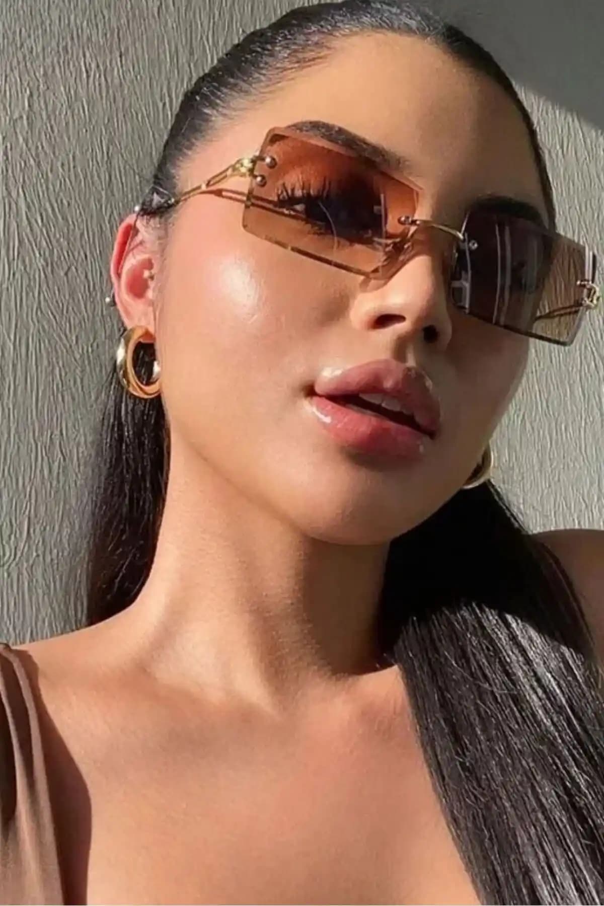 Kadınlar İçin Modern Kahverengi Dikdörtgen Kristal Kesim Güneş Gözlüğü