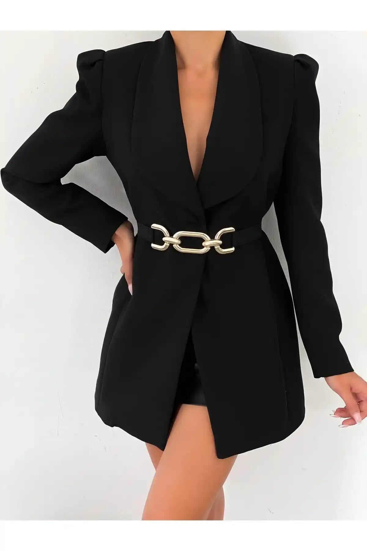 Kadınlar İçin Siyah Altın Zincir Detaylı Lastikli Elbise ve Ceket Kemerleri