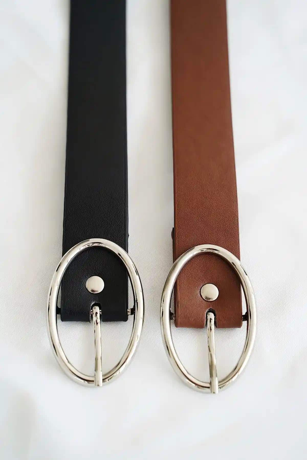 Kadınlar İçin Siyah ve Taba Renkli 2'li Kemer Seti Dayanıklı ve Şık Tasarım