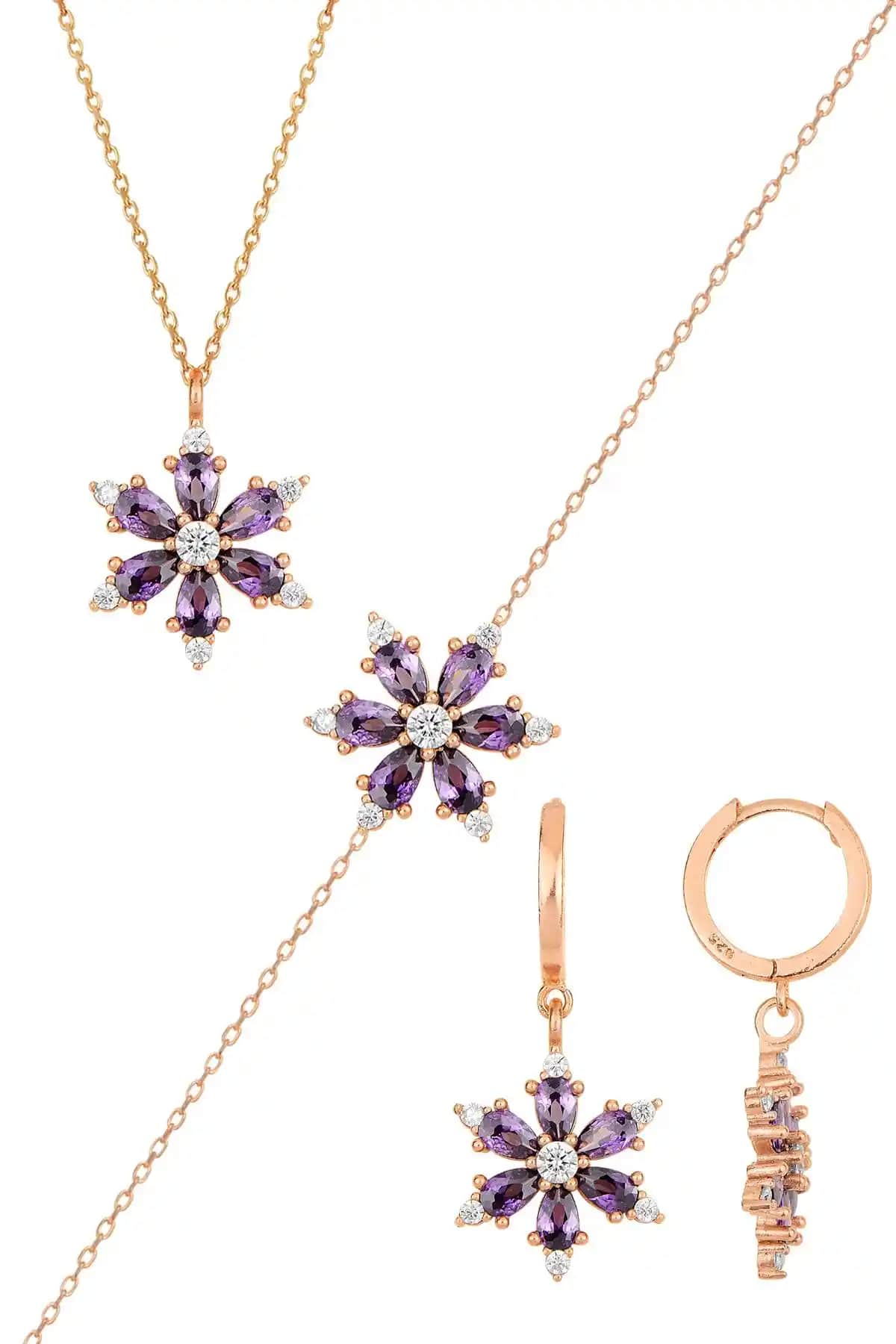 Kadınlar İçin Zarif 925 Ayar Gümüş Ametist Taşlı Üçlü Takım