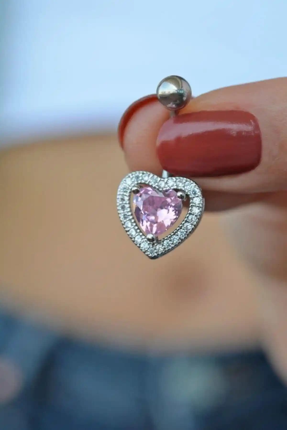 Kalp Model Pembe Taşlı Çelik Göbek Piercing - Estetik ve Dayanıklı Tasarım