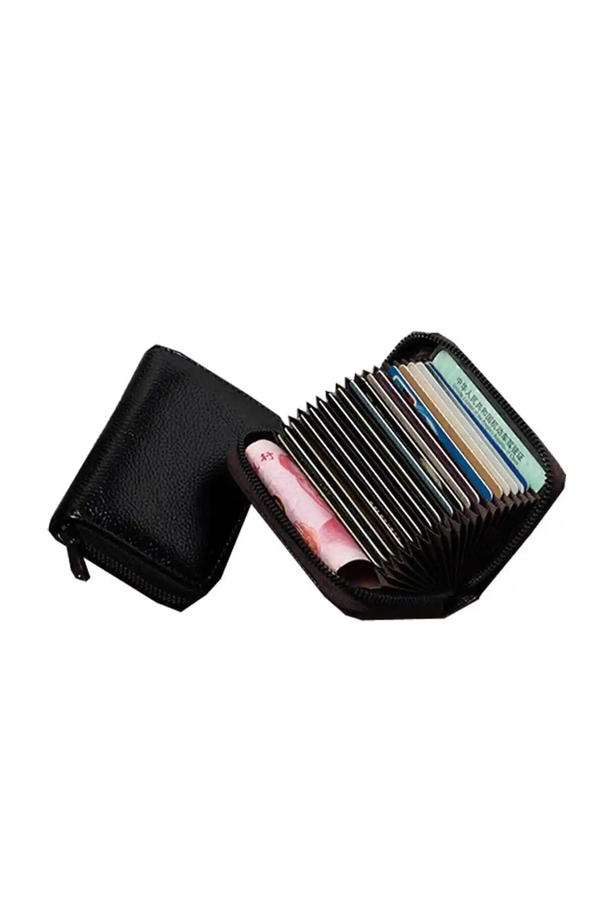 Kemer Dünyası Unisex Siyah 20 Bölmeli Suni Deri Kredi Kartlık Cüzdanı