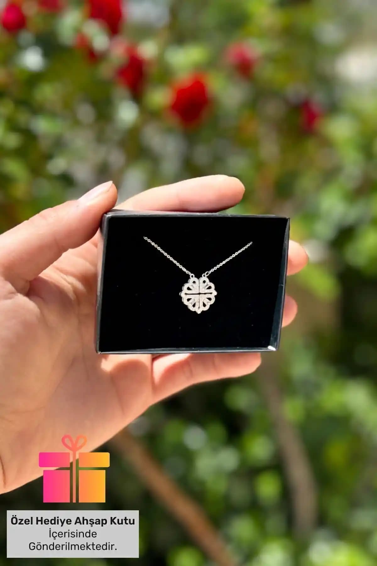 Lucente Jewellery Dört Yapraklı Yonca Kalpli Mıknatıslı Gümüş Kolye Hediye Kutusunda