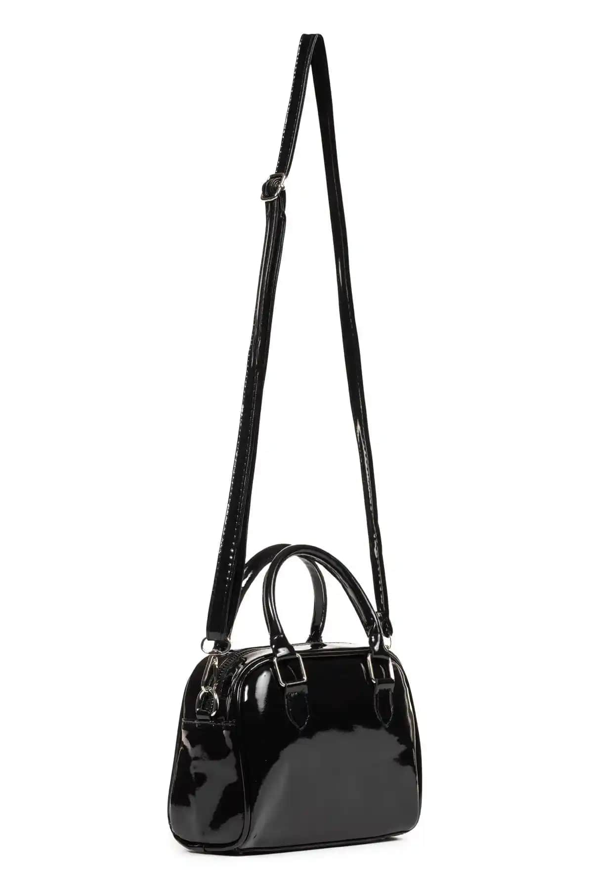 Macharel Siyah Rugan Yuvarlak Dokulu Küçük Boy Çanta Günlük ve Özel Davetler İçin