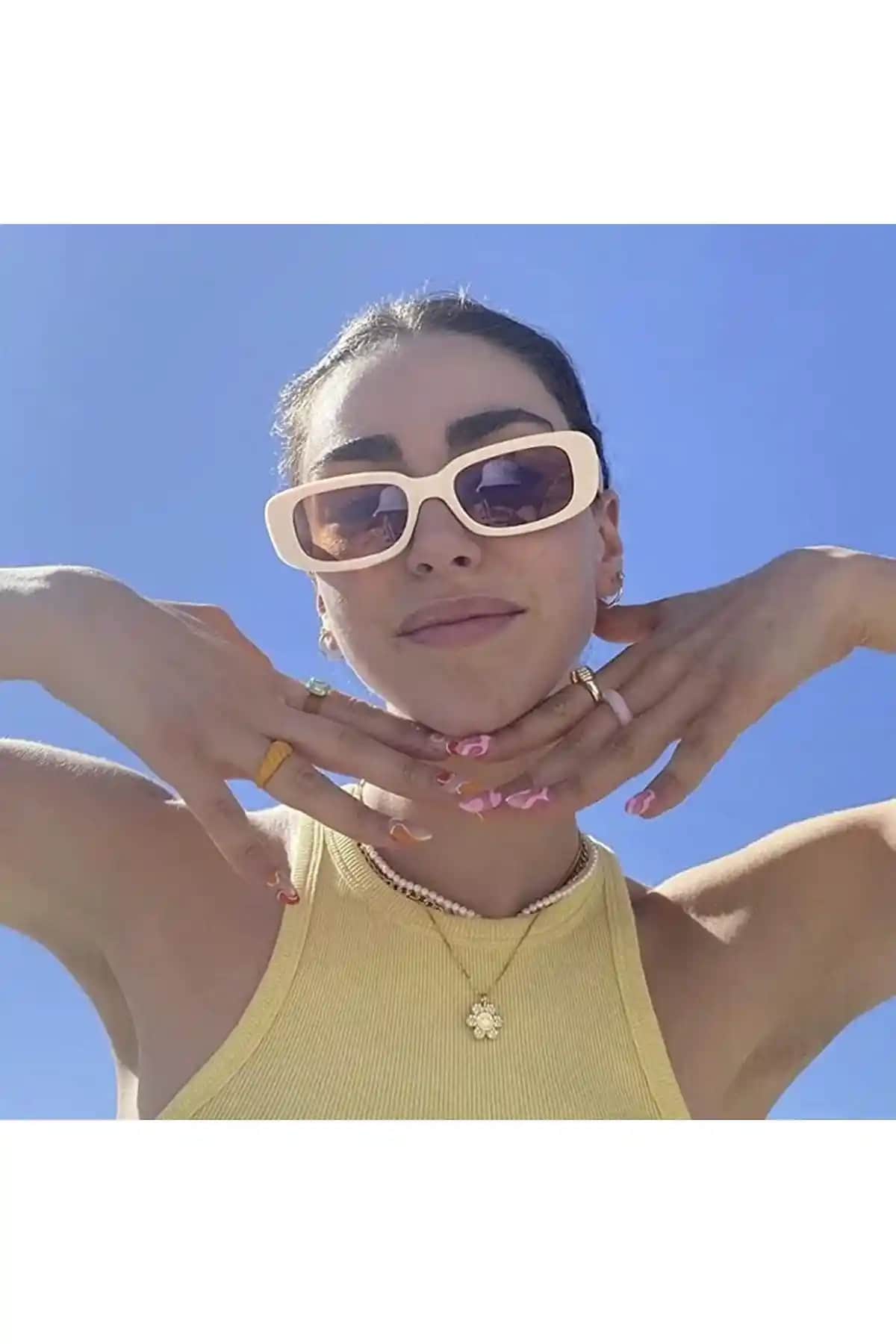 ModaLand Unisex Bej Renkli Dikdörtgen Vintage Güneş Gözlüğü Retro Modern Tasarım