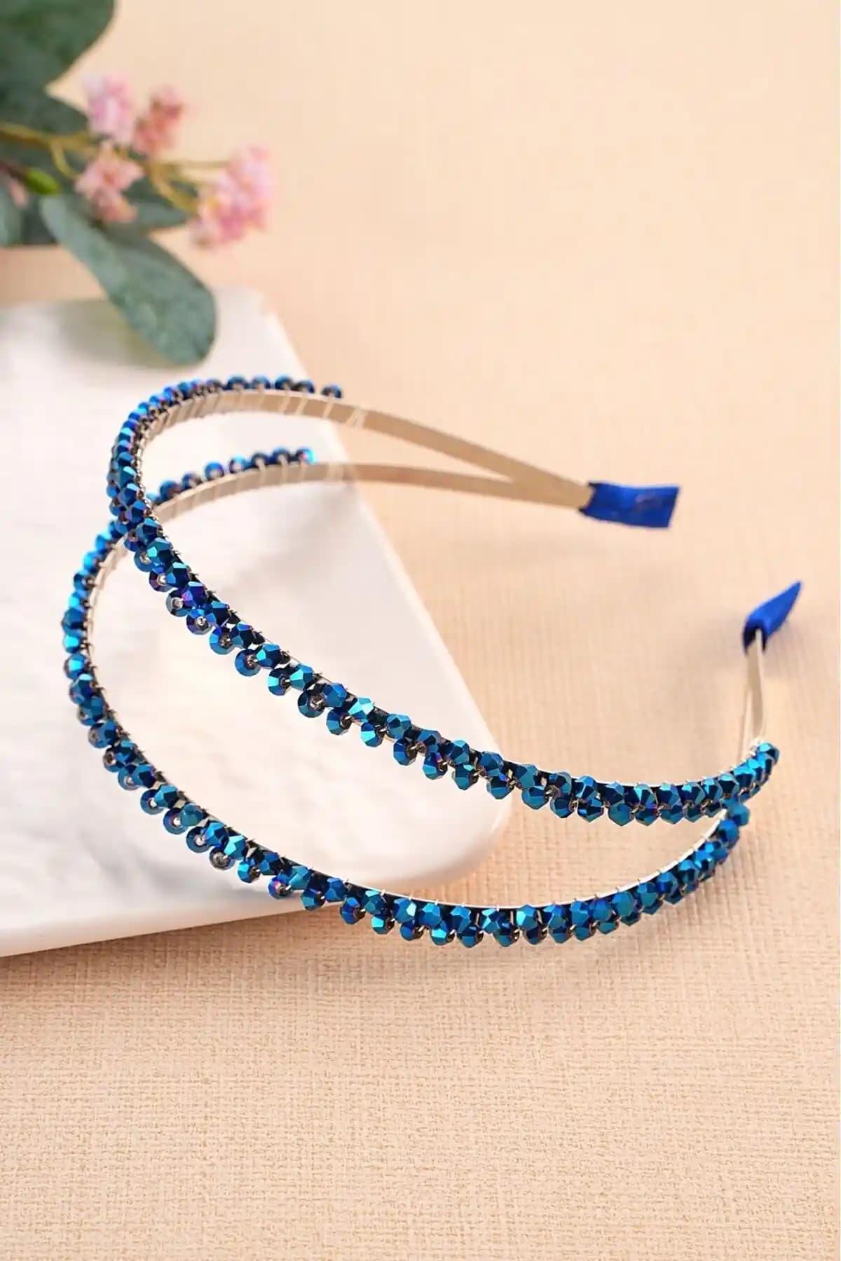 Modernist Saks Çift Sıralı Taşlı Lacivert Gelin Tacı Şıklık ve Işıltı Sunan Zarif Aksesuar