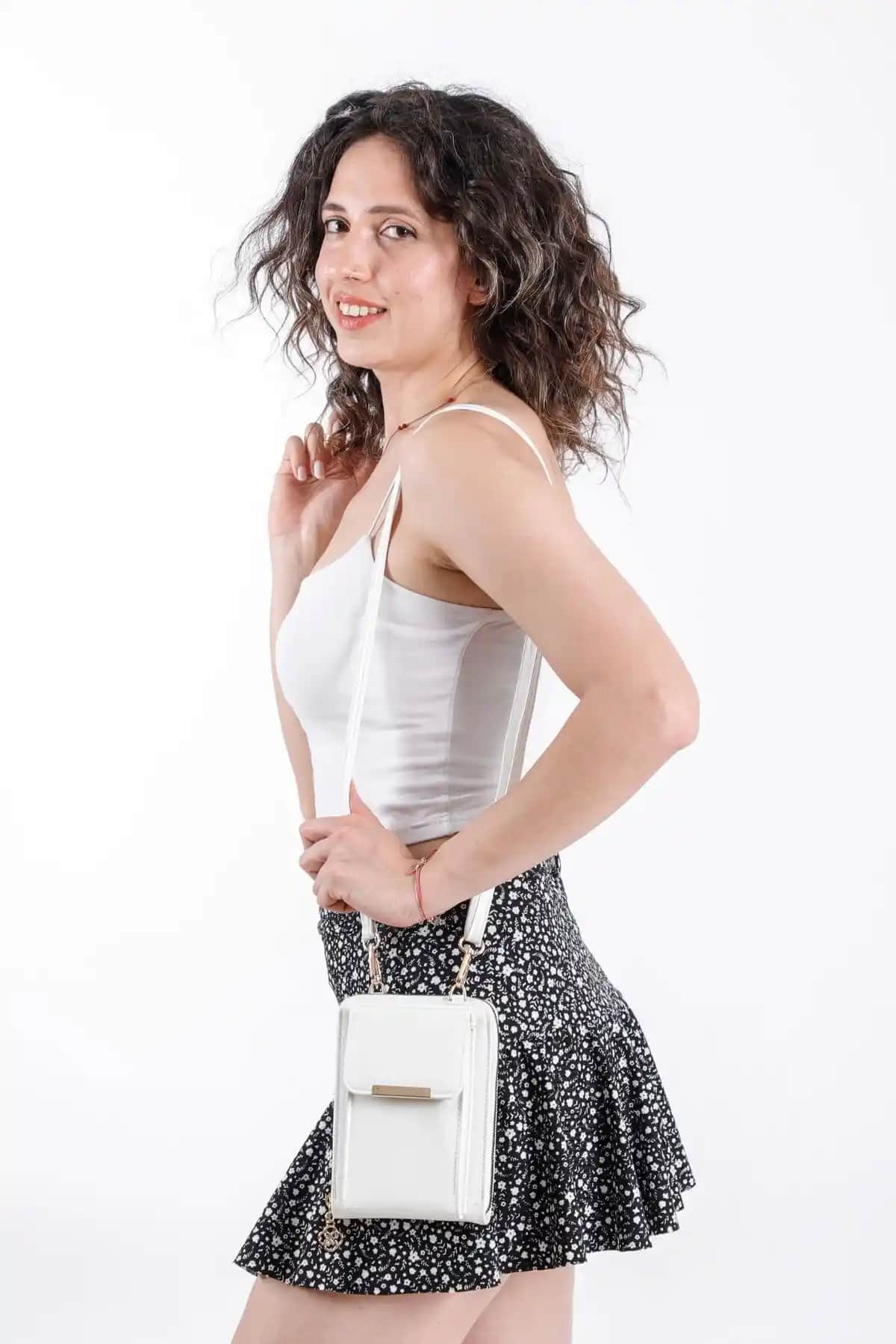 Modvina Beyaz Deri Askılı Kadın Telefon Bölmeli Çanta Şık ve Pratik Kullanım İçin Uygun