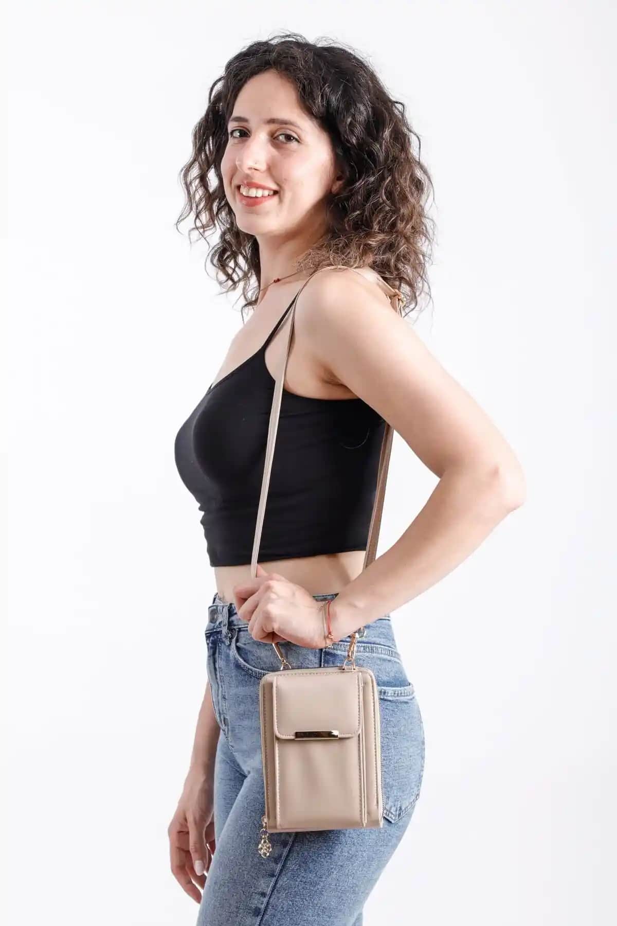 Modvina Cappuccino Deri Askılı Kadın Telefon Bölmeli Çanta Modern ve Şık Tasarım