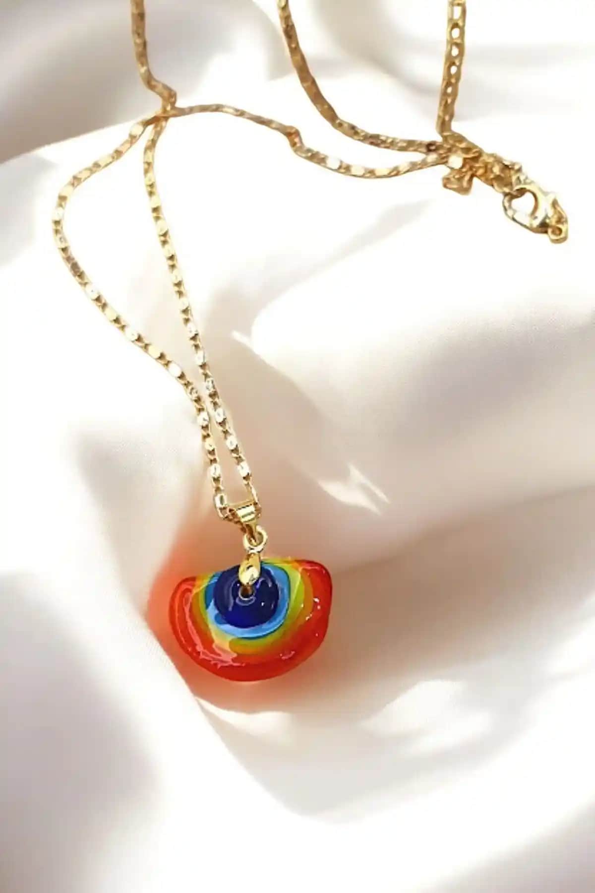 Murano Camından El Yapımı Turuncu Zincir Kolye Modern ve Zarif Tasarım