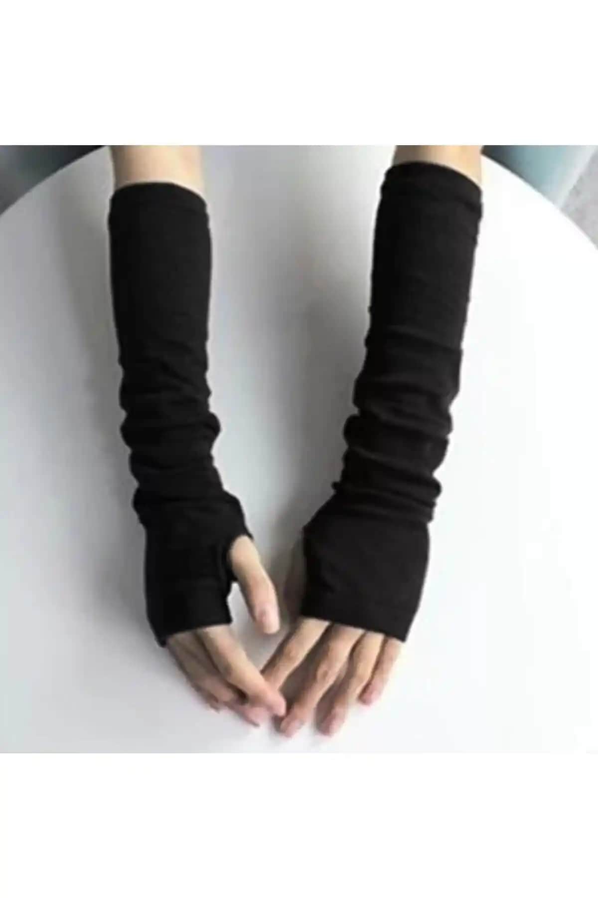 Nishstyle Siyah Renk Örme Kumaş Parmaksız Kolluk Eldiveni Günlük Kullanım İçin Şık ve Pratik