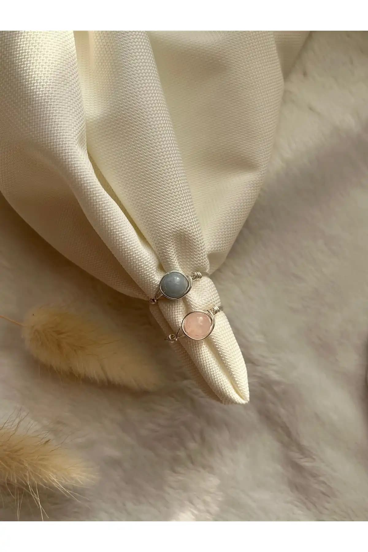 PelvedDesign Akuamarin ve Pembe Kuvars Doğal Taş İkili Set Yüzükleri Modern ve Şık Tasarım