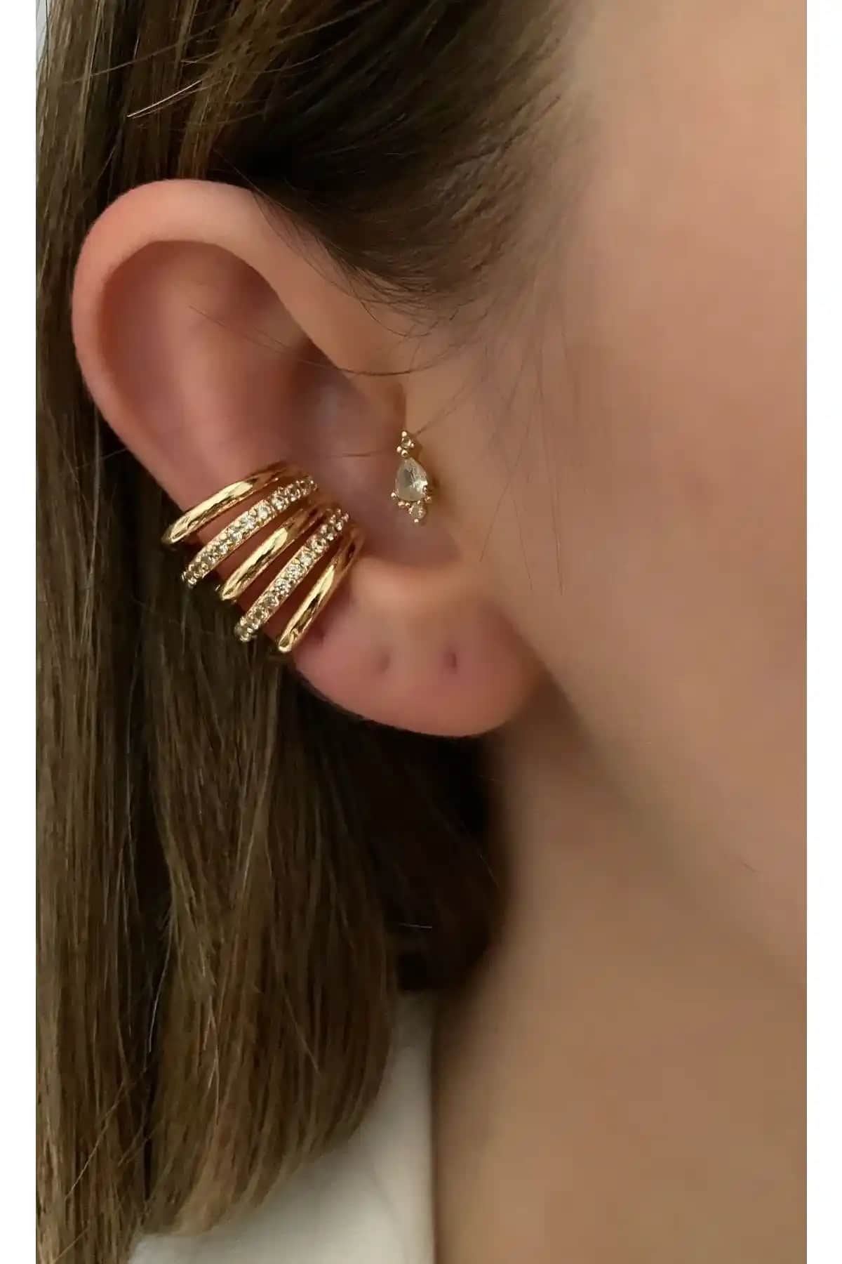 Pinery Jewels Kadın Büyük Earcuff Taşlı 5 Sıra Kıkırdak Küpe Modern ve Şık Tasarım