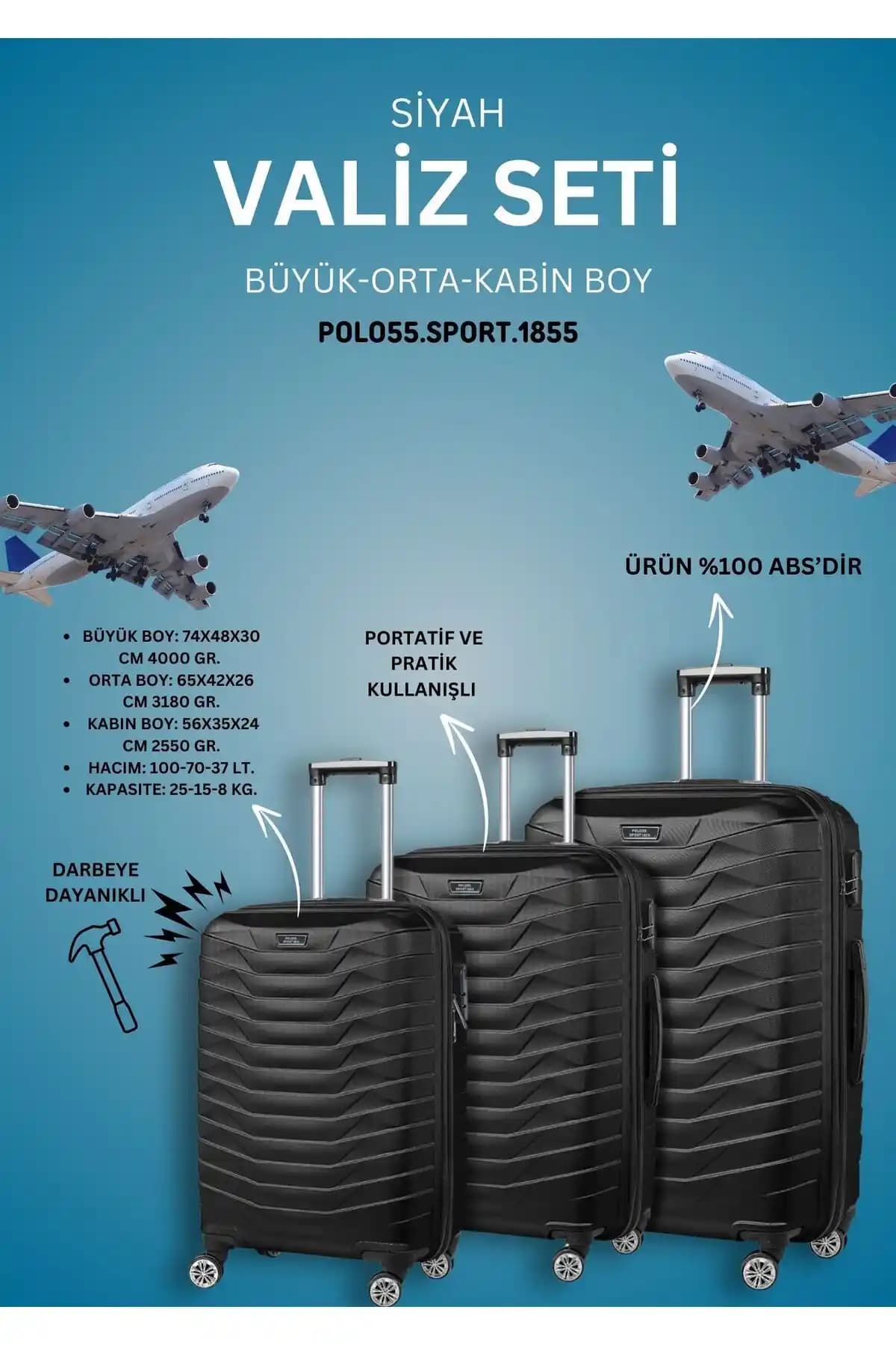 Polo55 Sport 1855 %100 ABS Siyah 3'lü Valiz Takımı Dayanıklı ve Şık Seyahat Arkadaşı