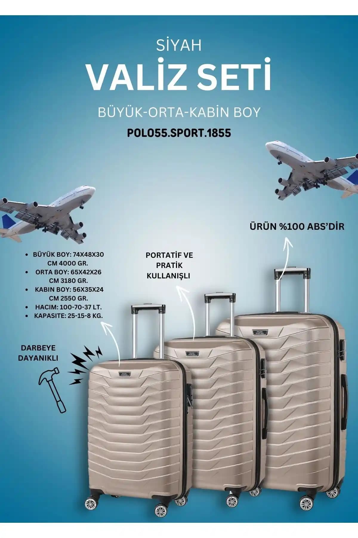 Polo55 Sport 1855 Altın Renkli ABS Valiz Seti Günlük Seyahatler İçin Dayanıklı ve Şık Tasarım