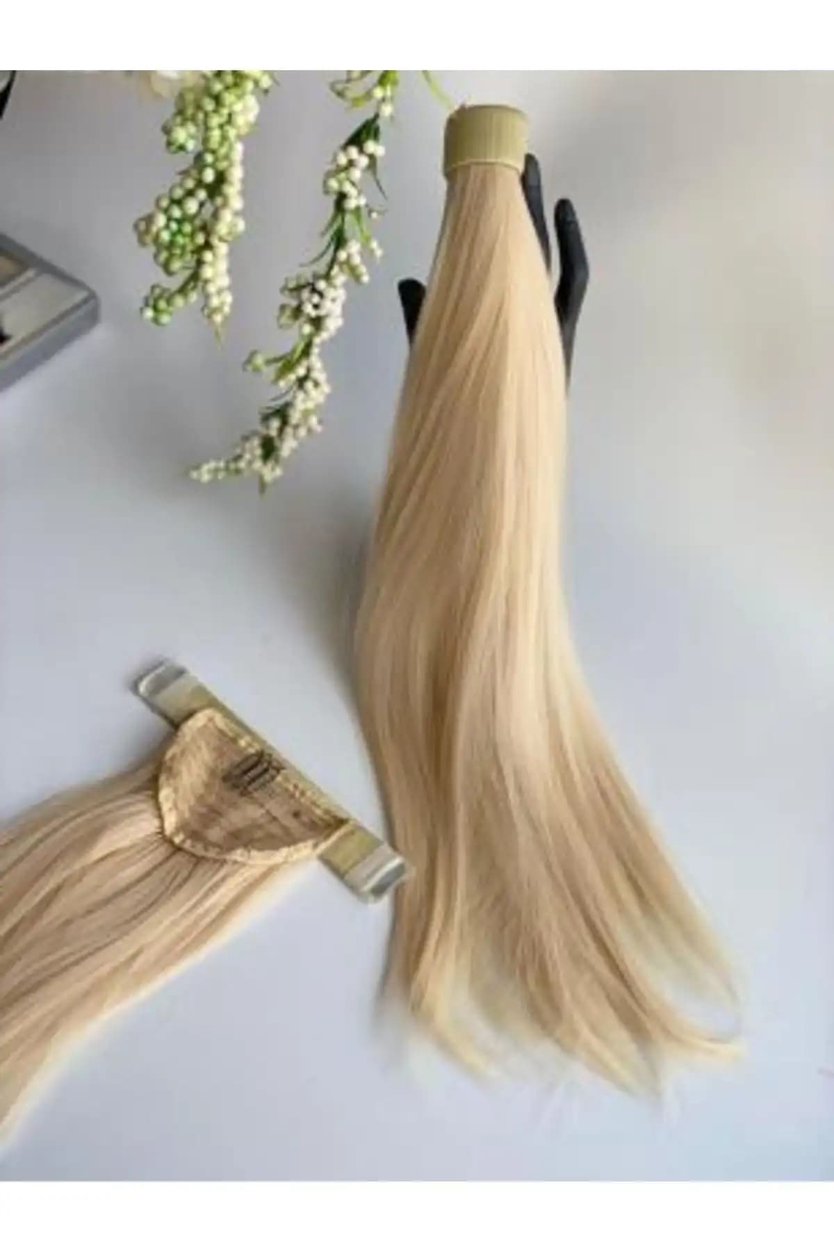 Queen Aksesuar Fiber Isıya Dayanıklı Platin Sarı At Kuyruğu Postiş Kaynak Takma Saç