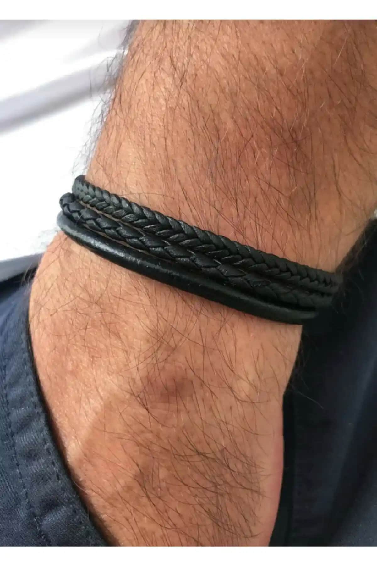 Reggente 3 Sıra Siyah Örgü Deri Bileklik Modern ve Dayanıklı Aksesuar