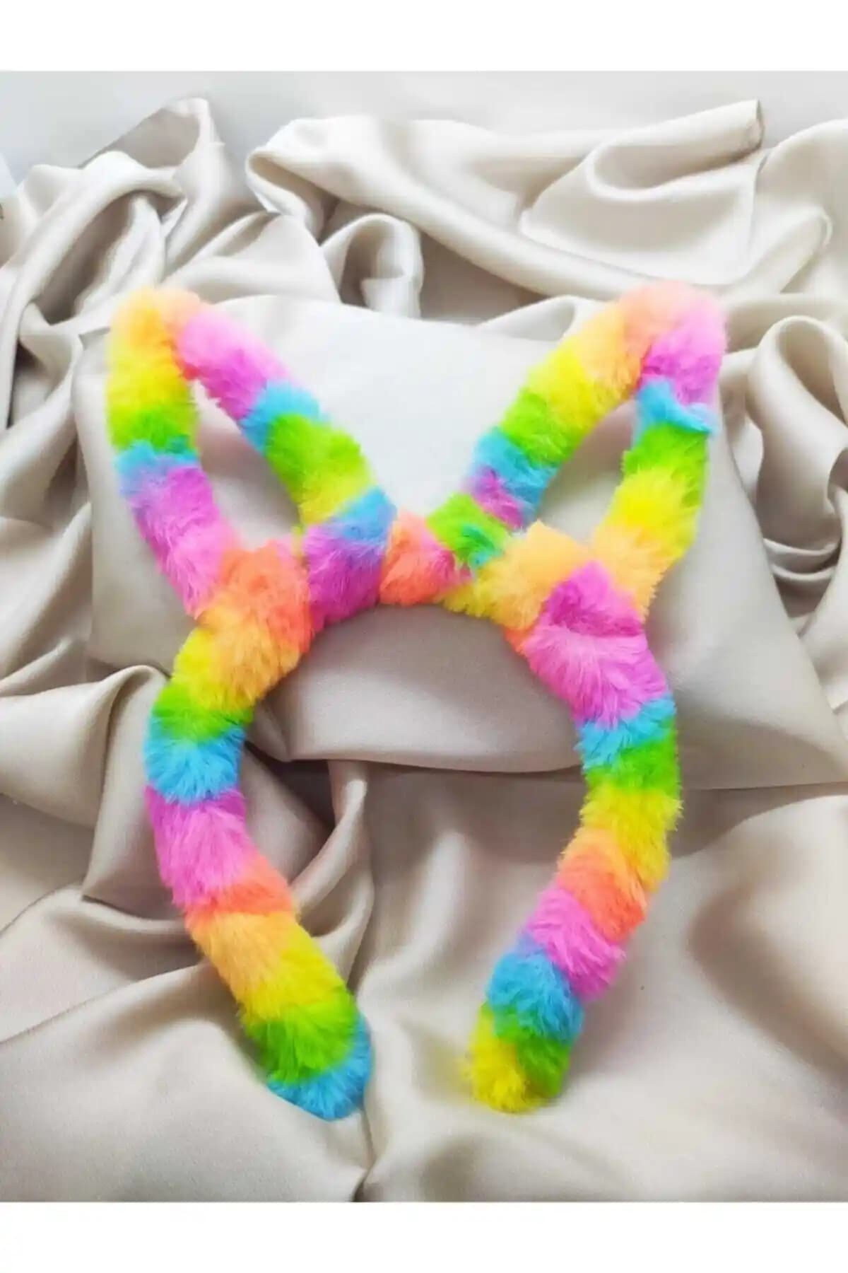 Rengarenk Gökkuşağı Tavşan Kulaklı Peluş Taç: Çocuk ve Yetişkinler İçin Eğlenceli Aksesuar