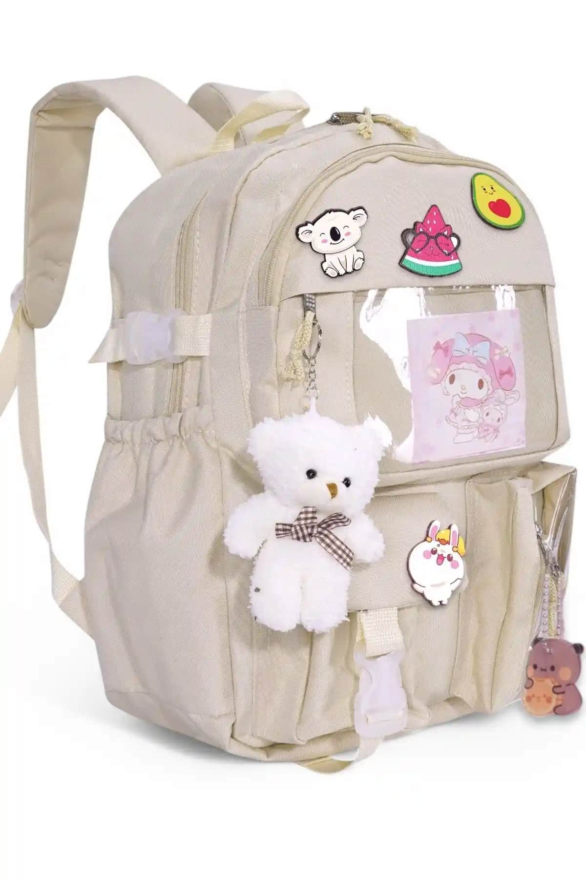 Roomys Kawaii Kore Tarzı Sevimli Aksesuarlı ve Ayıcık Detaylı Okul Sırt Çantası