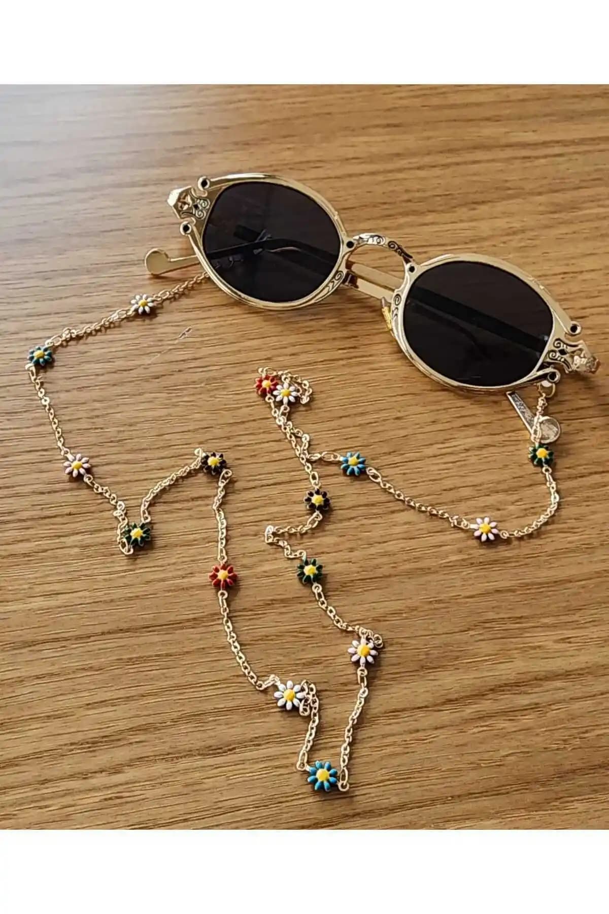 ROSALINDA COLLECTION Altın Renkli Çiçek Desenli Gözlük Zinciri Şık ve Kullanışlı Aksesuar