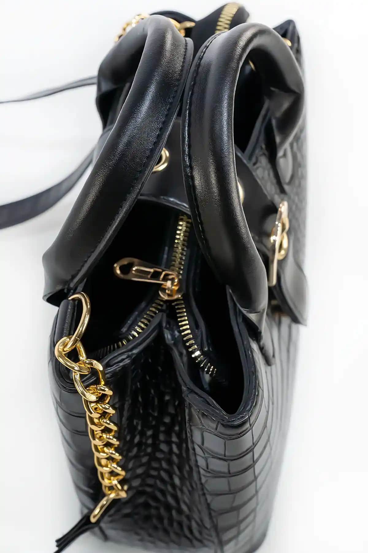 Rosmod Kadın Siyah Kroko Suni Deri Omuz ve El Askılı Çanta Günlük Kullanım İçin Uygun