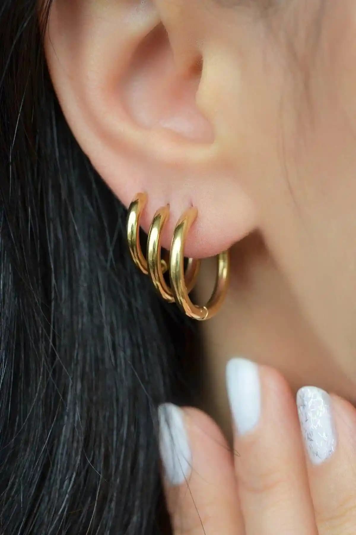 Sacce Scarves&Accessories Çelik Halka Küpe Seti 3'lü Gold Renk Şık ve Dayanıklı Tasarım