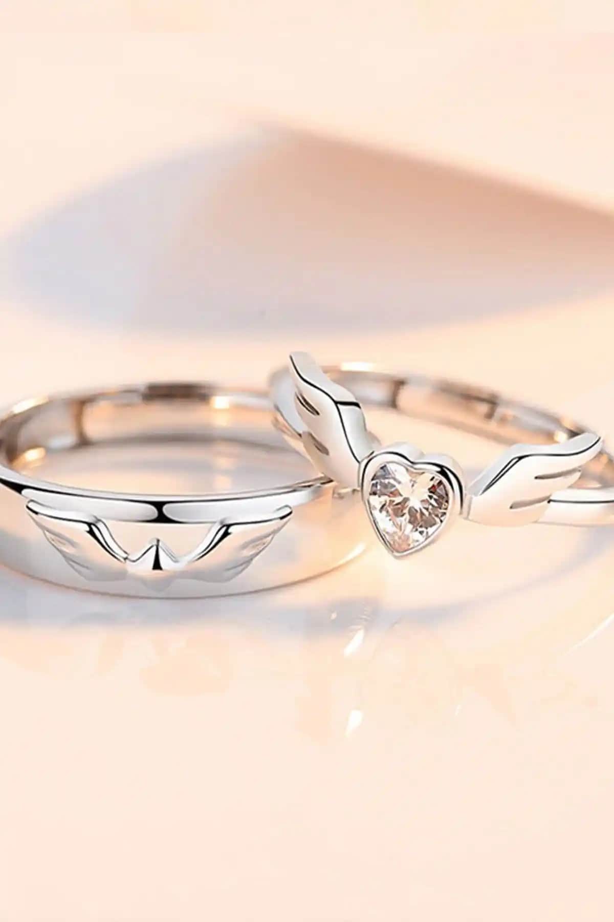 Sahira Jewelry Melek Motifli Gümüş Kaplama Çift Alyans Yüzükleri İdeal Hediye ve Takı Seçeneği