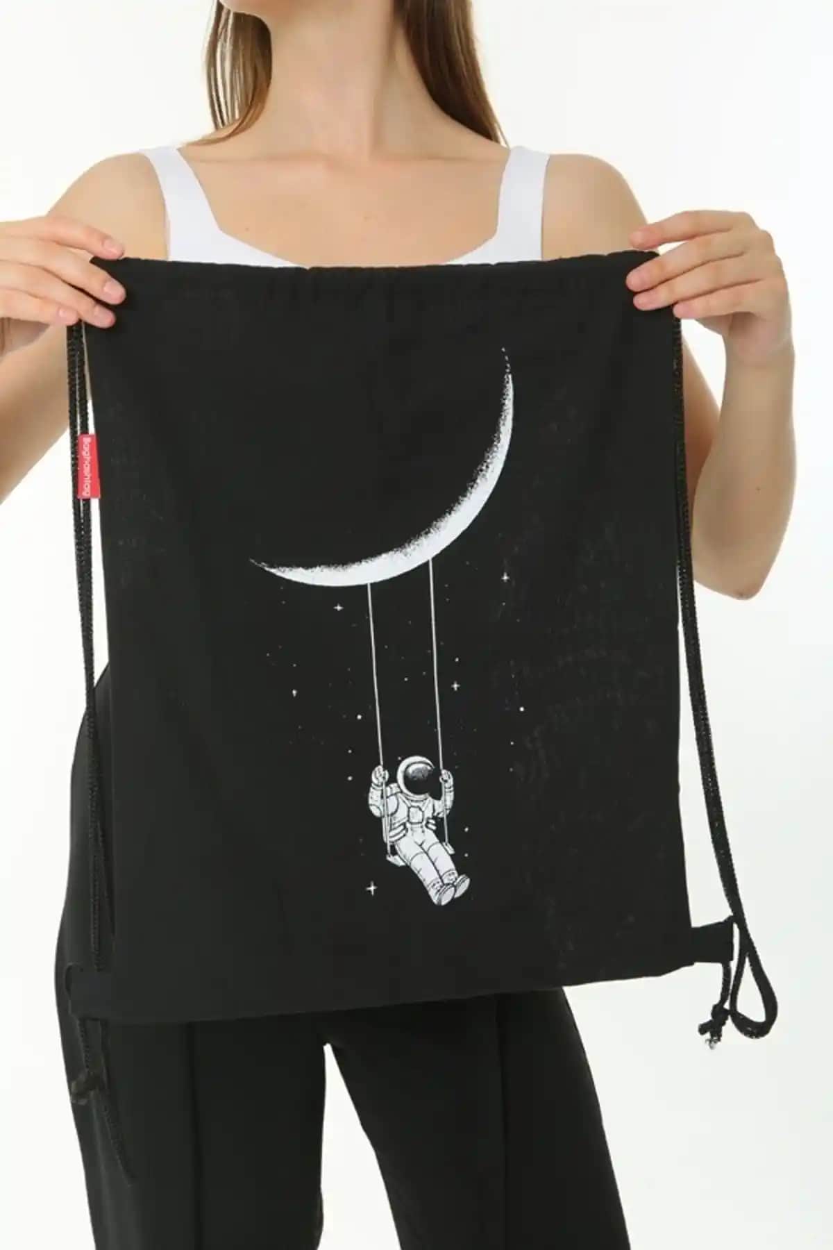 Serkan Çanta Siyah Astronot Baskılı Organik Pamuk Sırt Çantası Günlük Kullanım İçin