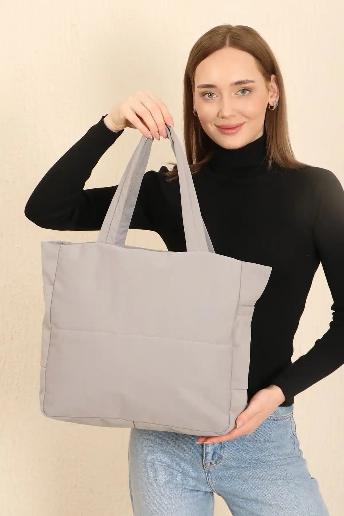 Shaka Gri U25 3 Bölmeli Yan Cep Detaylı Kanvas Kadın Çantası Günlük Kullanım İçin