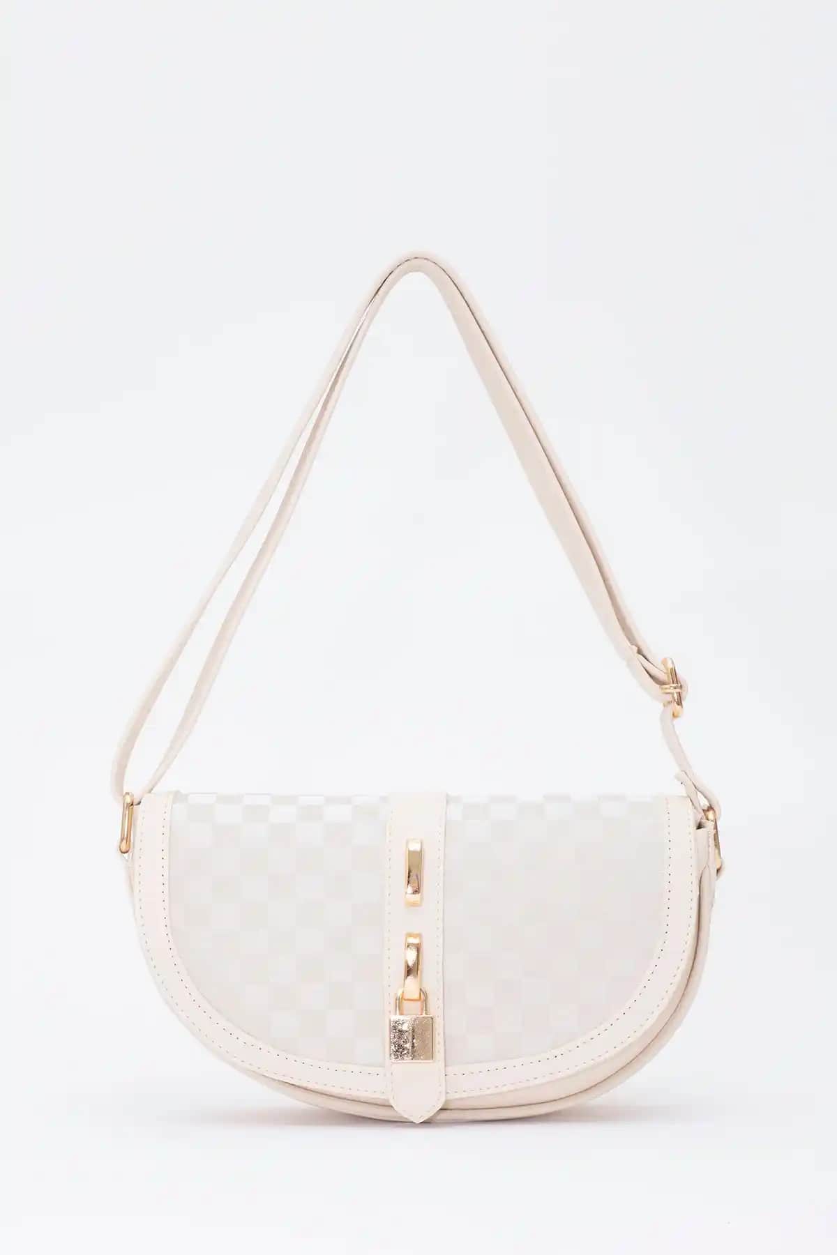 Shaka Kare Desenli Krem Çanta: Modern ve Şık Kullanışlı El ve Omuz Çantası