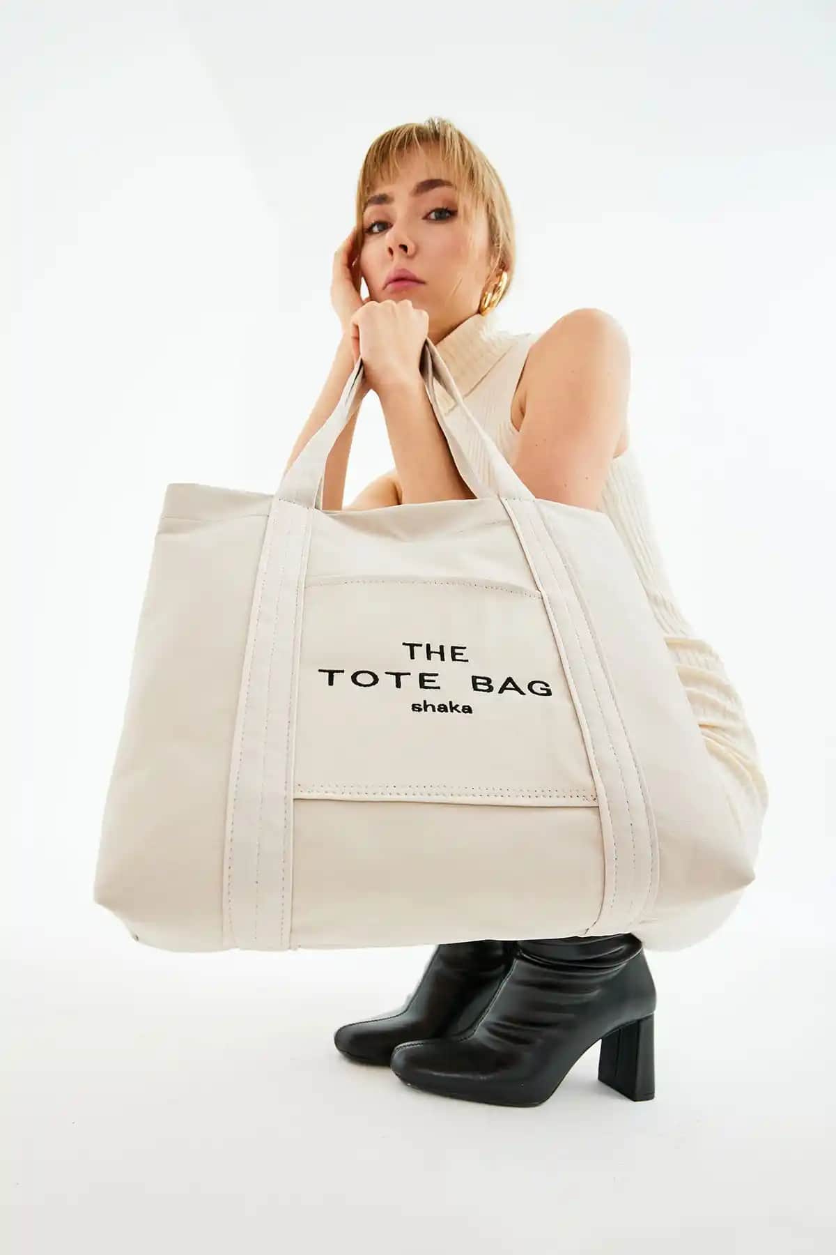 Shaka Krem U46 Çıt Çıt Kapatmalı Ön Cep Detaylı Tote Çanta Günlük Şıklık ve İşlevsellik