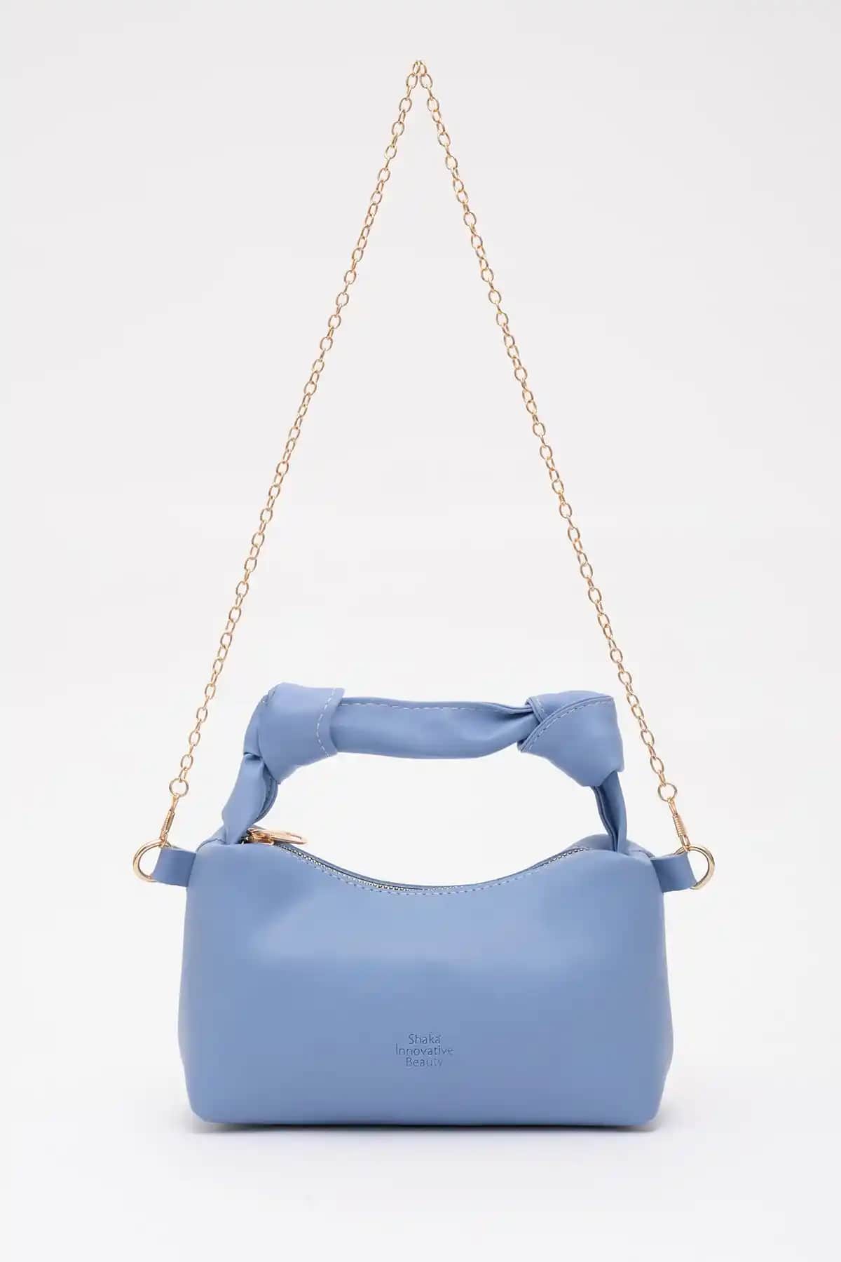 Shaka Mavi Soft Deri Düğüm Detaylı Zincir Askılı El ve Omuz Çantası Özellikleri