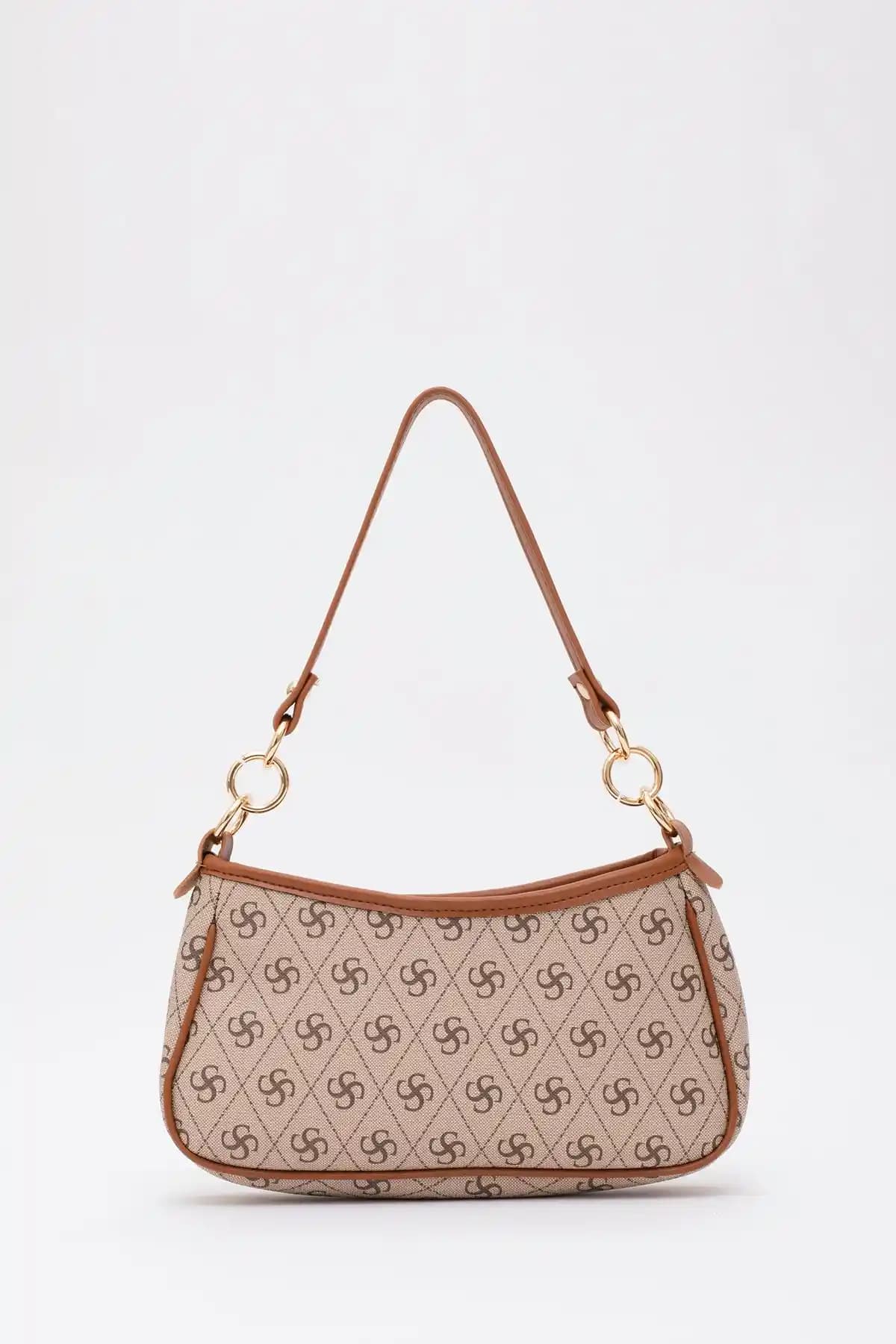 Shaka Monogram Baskılı Vizon/Taba Suni Deri Çanta Günlük Şıklık ve İşlevsellik Sunar