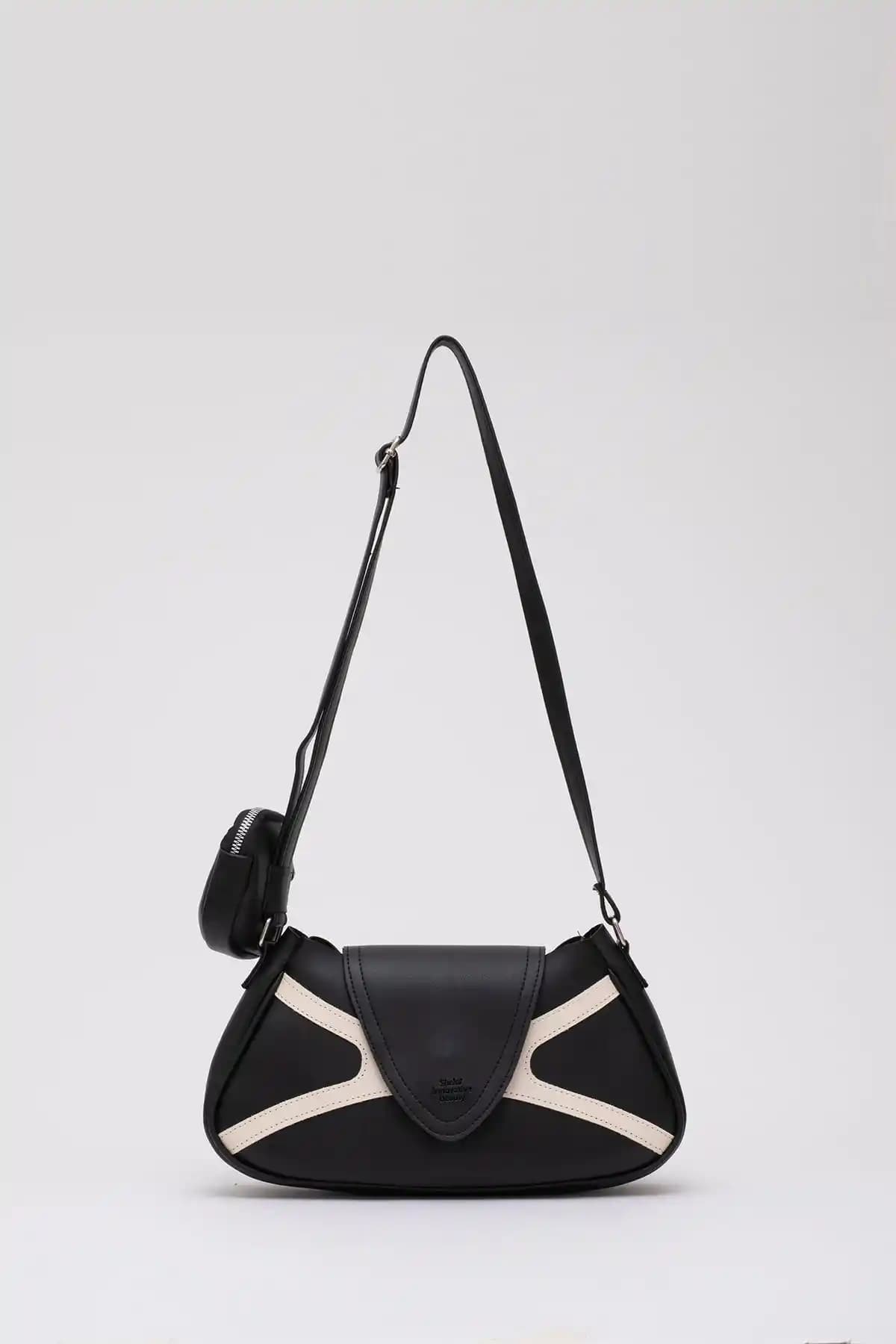 Shaka Siyah ve Krem Renkli Tek Bölmeli Suni Deri Çanta Günlük Kullanım İçin