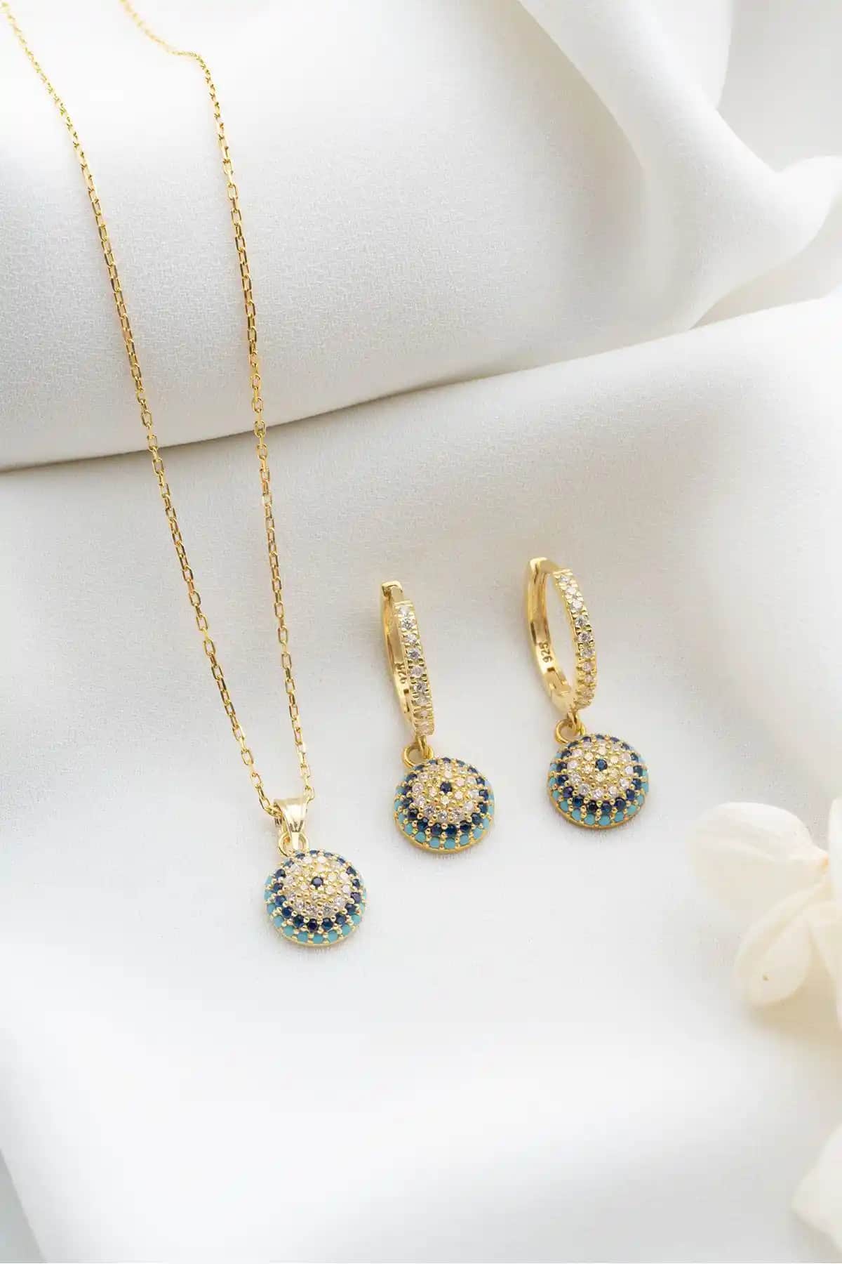 Silvano Jewelry 925 Ayar Gümüş Göz Nazarlı Kolye ve Küpe Seti Şık ve Kaliteli Tasarım