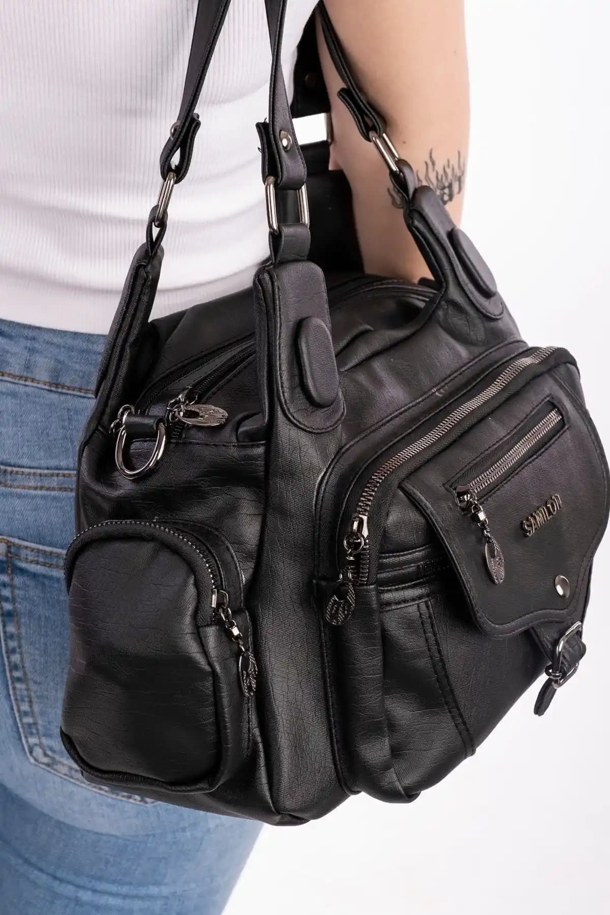 Smurne Kadın Premium Siyah Yıkama Deri Omuz Çantası Günlük Şıklık ve Fonksiyonellik