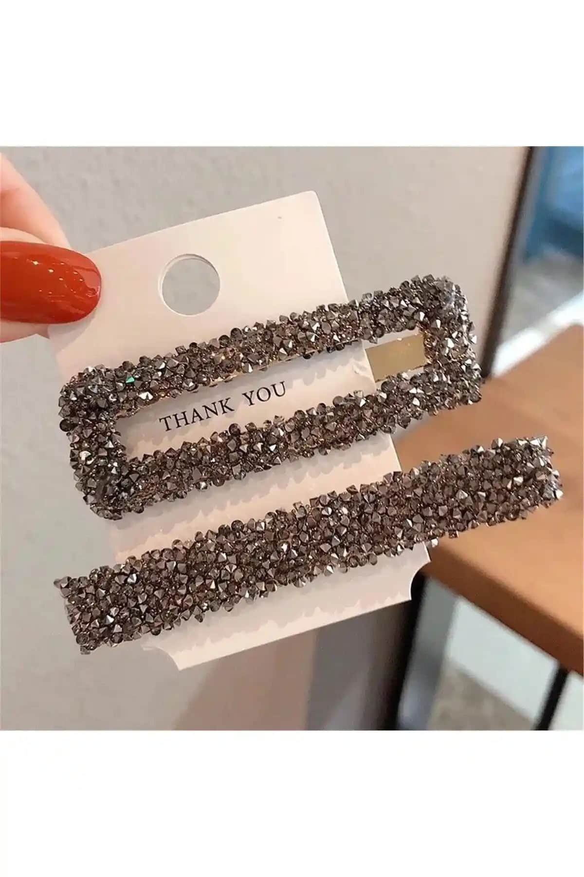 So Much Accessories Gri Doğal Taş 2'li Kart Yan Pens ve Çıtçıt Toka Seti