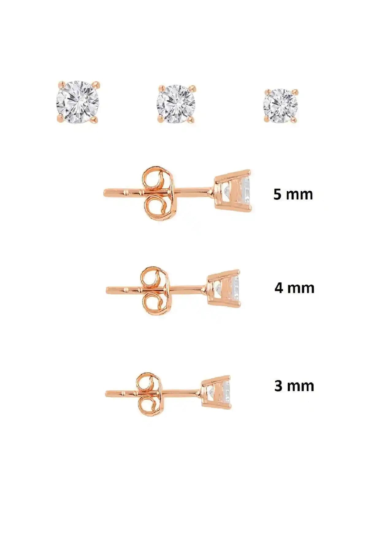 Söğütlü Silver Gümenüş Rose Pırlanta Montürlü 3 Boy Tektaş Küpeler Kadınlar İçin Şık Aksesuar