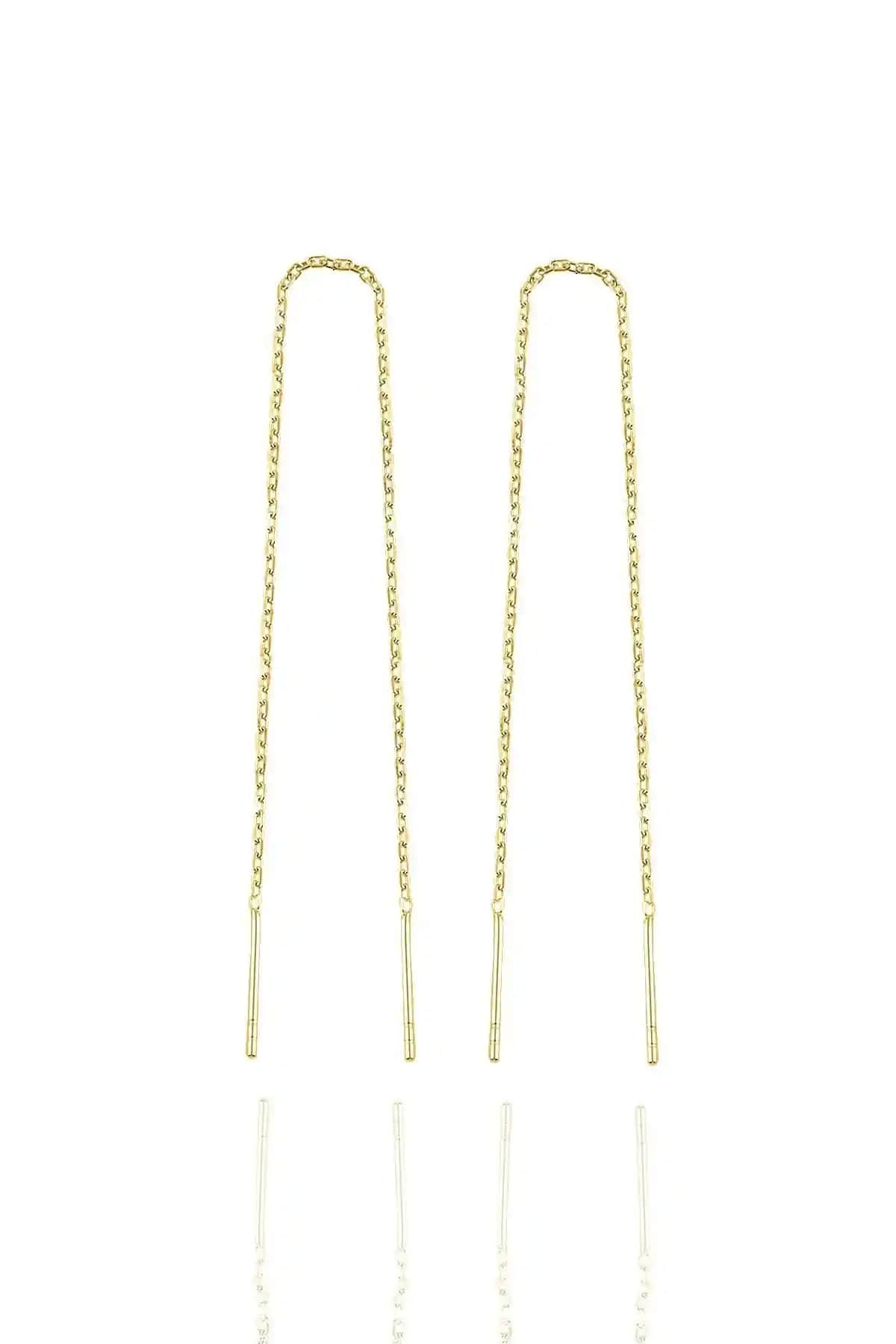 Söğütlü Silver Gümüş Altın Yalnız Zincir Küpe Modern ve Zarif Tasarım