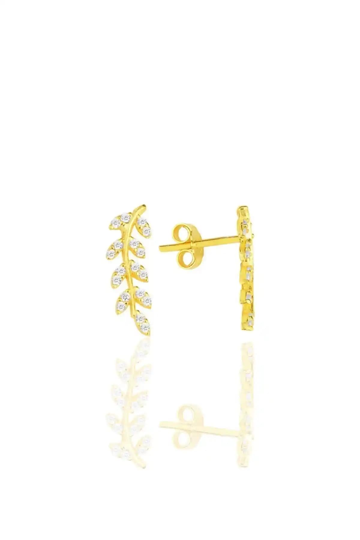 Söğütlü Silver Yaprak Tasarımlı Gümüş ve Altın Yalızlı Zirkon Taşlı Küpe