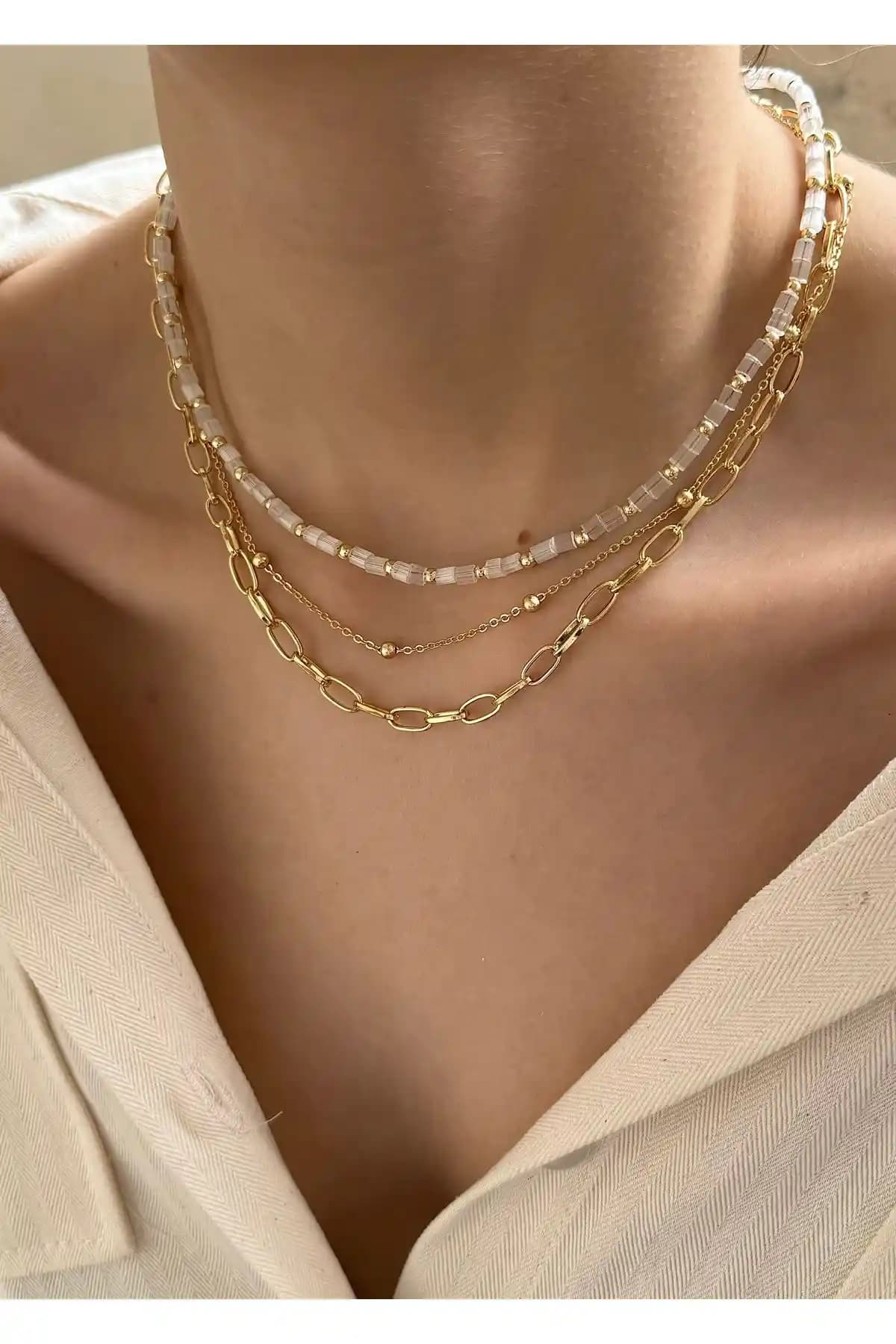 Takı Tarzım 3 Lü Kadın Kombin Küp Kristal Kolye Modaya Uygun ve Çok Renkli Tasarım