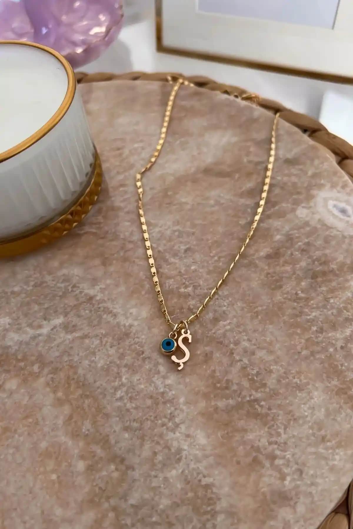 Trend ve Kişiye Özel Altın Kaplama Nazar ve Ş Harfi Uçlu Kolye Ürün Tanıtımı