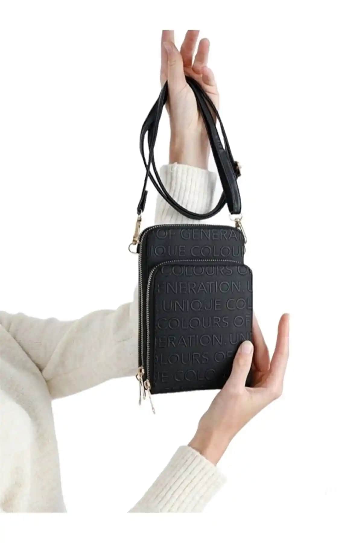 Universal Eşsiz Pazar Siyah Kadın Çapraz Askılı 3 Bölmeli Telefon Cüzdan Çanta