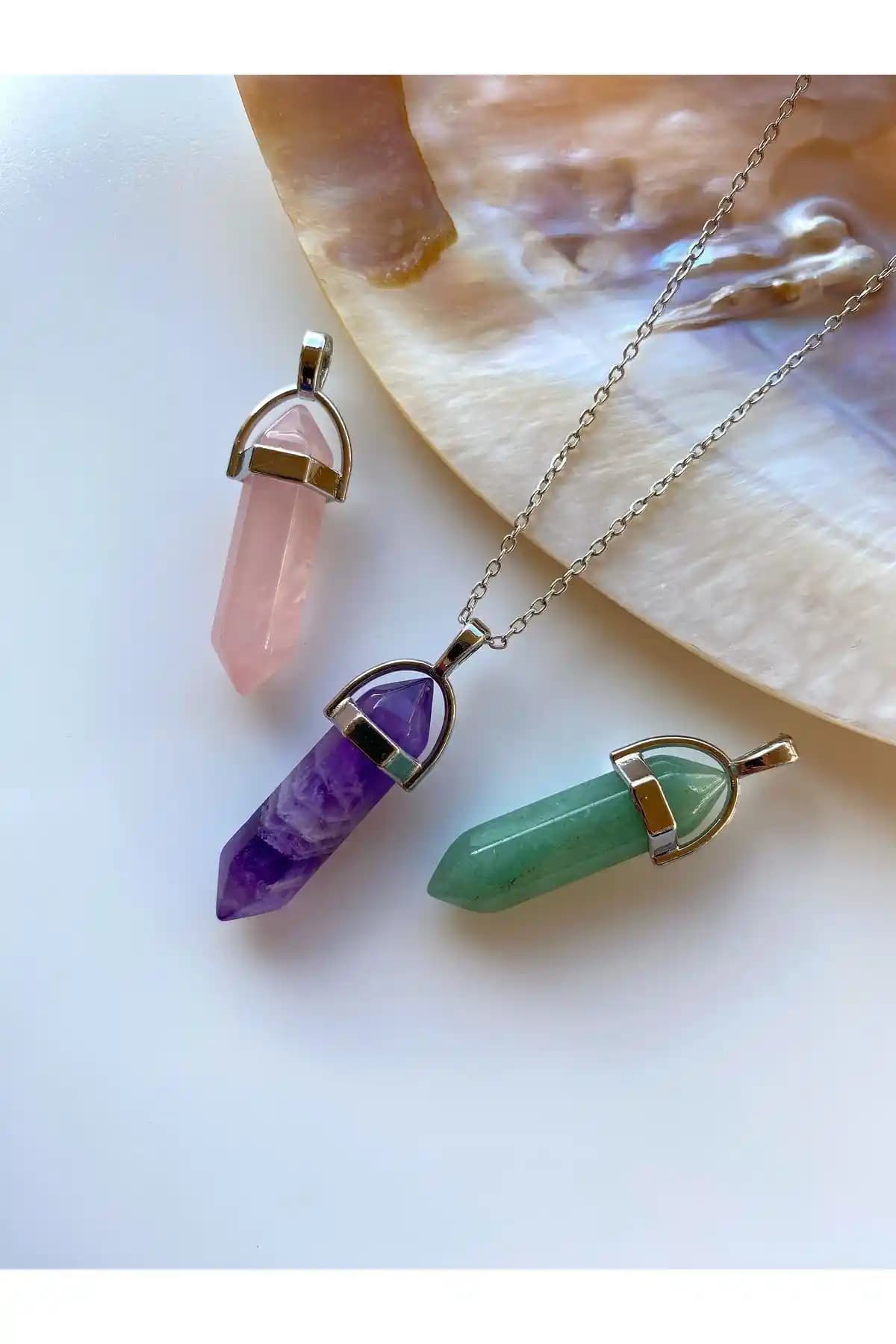 VALİOSO JOYA Doğal Taş Kolye Seti Ametist Aventurin Pembe Kuvars Şık ve Otantik Takı