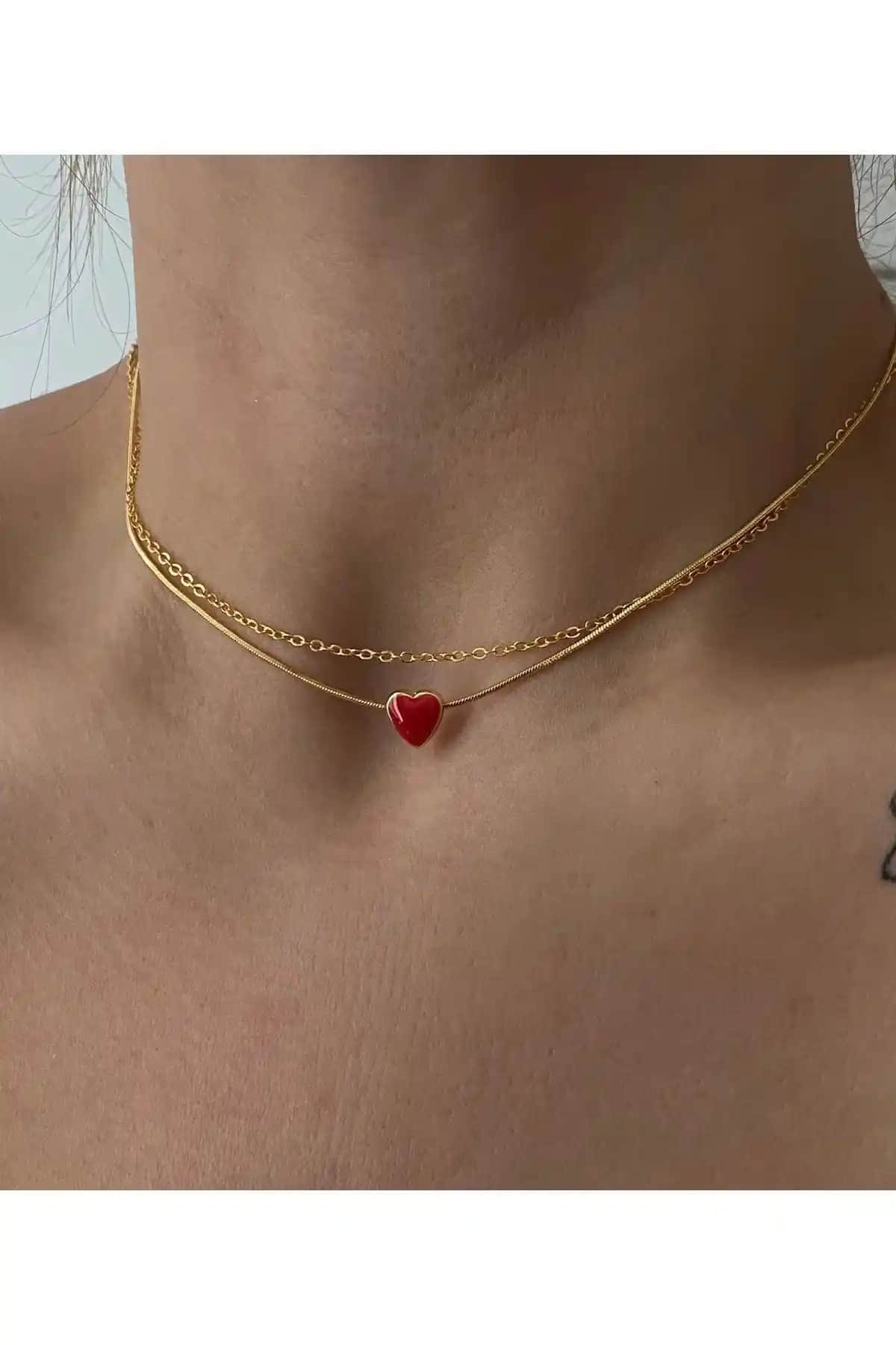 Vi Store Kırmızı Kalp Choker ve Zincir Seti: Şık ve Romantik Takı Seçenekleri