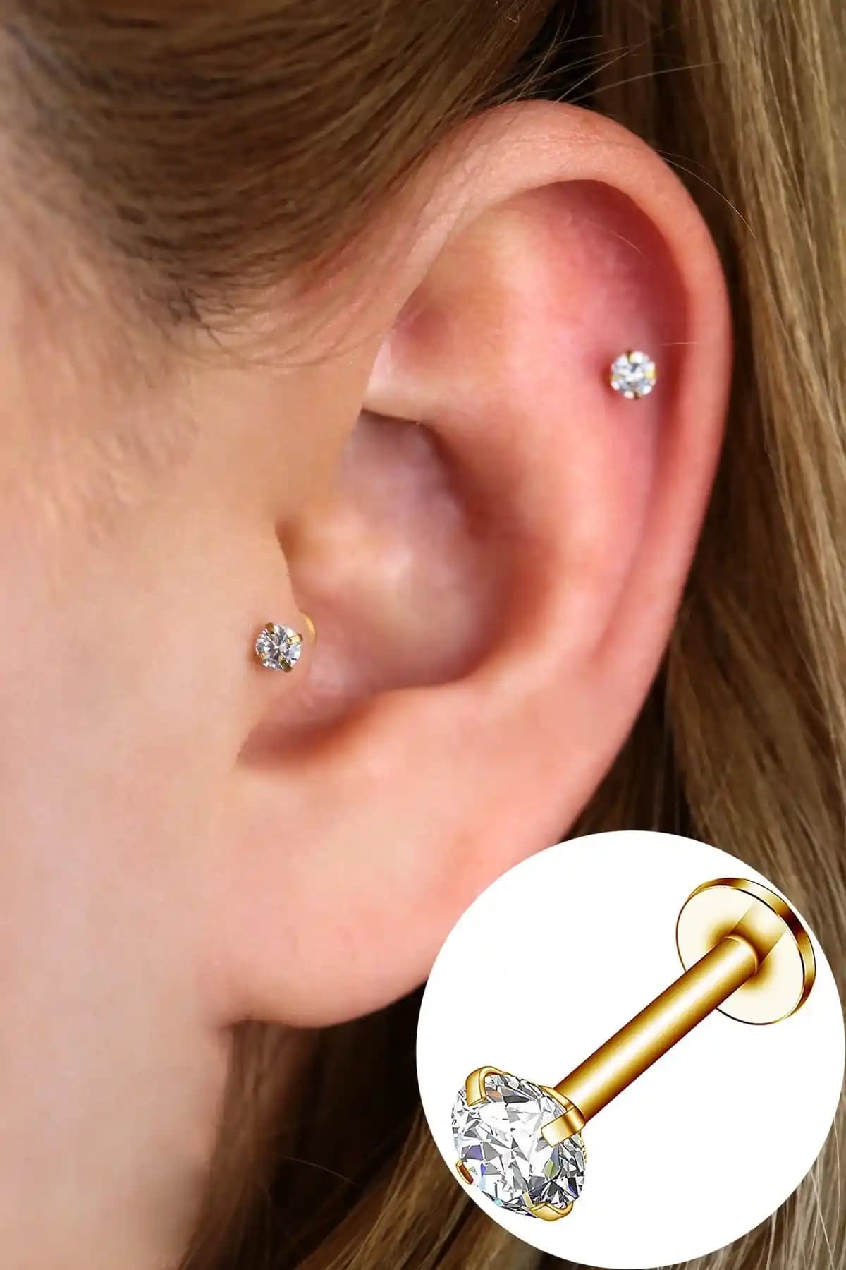 Vilma Aksesuar Cerrahi Çelik Taşlı Piercing Helix Tragus 8mm Altın Renk