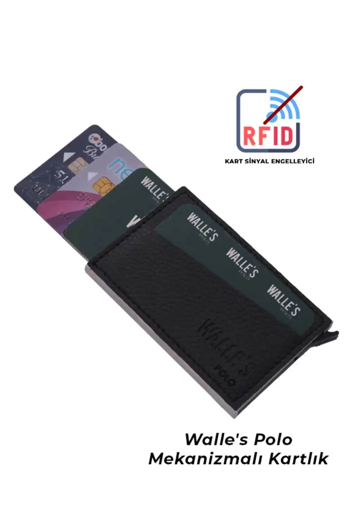 Walle's Polo Siyah Deri RFID Korumalı Unisex Kartlık Günlük Kullanım İçin Uygun