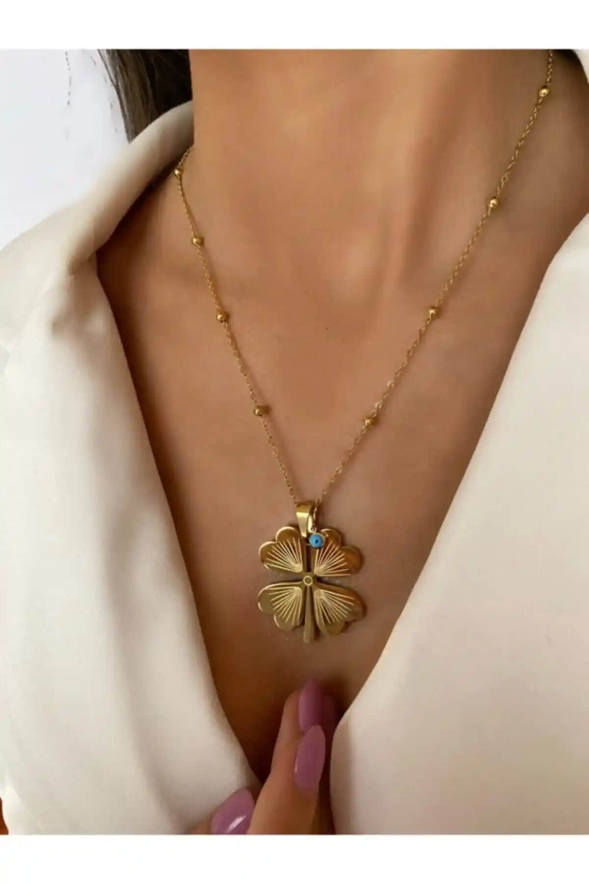 X-Lady Altın Renkli Yapraklı Yonca Uzun Arpa Kolye Kadınlar İçin Zarif Aksesuar