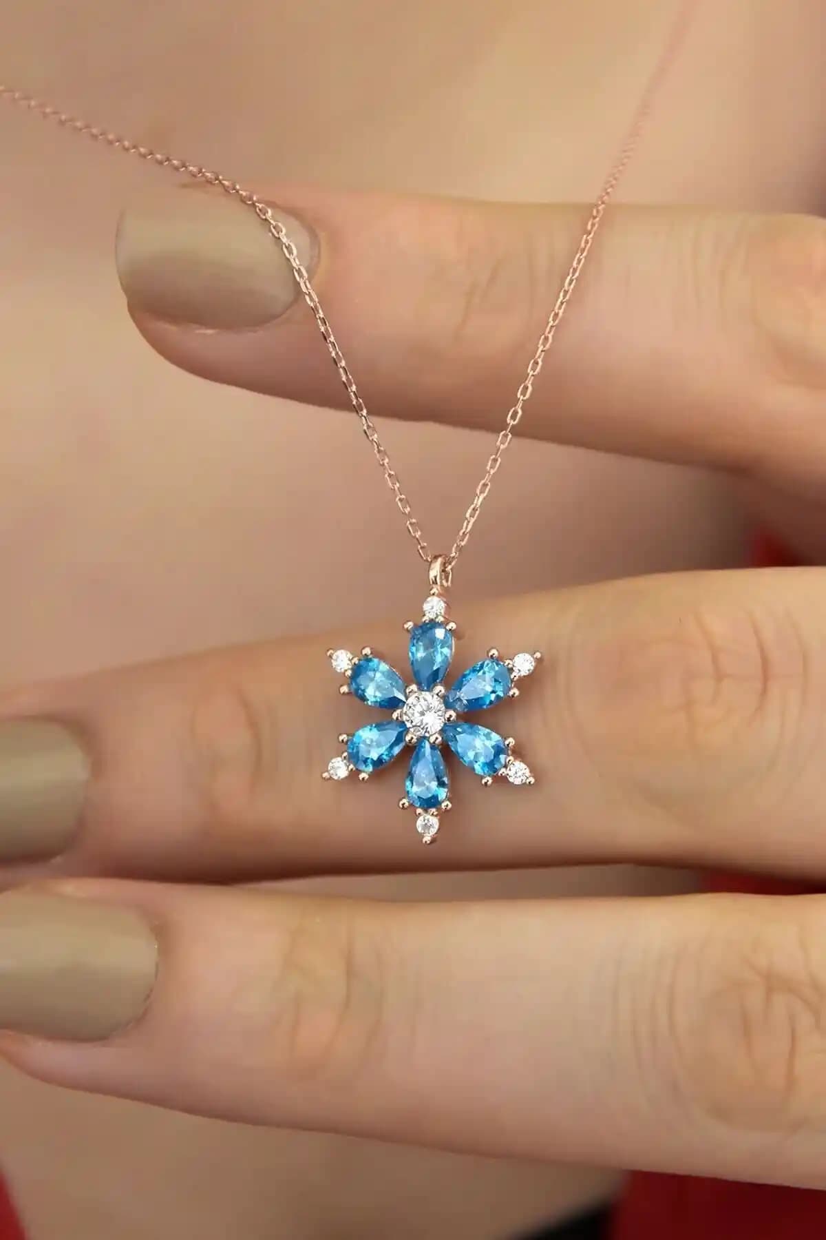 Zanaatsilver Aqua Taşlı Lotus Çiçekli Gümüş Kolye Zarif Takı Seçeneği