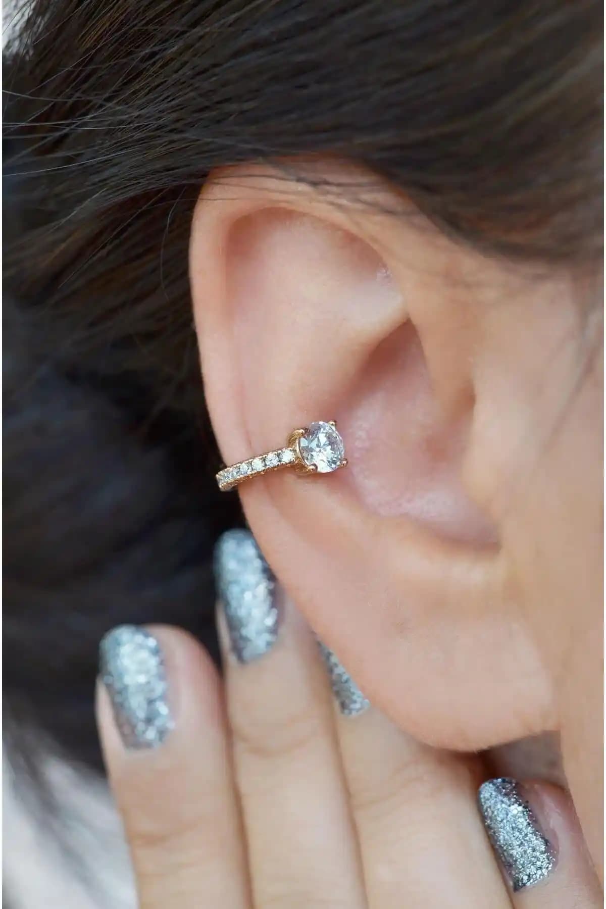 Zirkon Gold İnce Sıkıştırmalı Kıkırdak Küpesi Earcuff Modern Takı Trendleri
