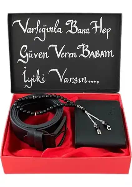 Erkekler İçin Siyah Deri Kemer Cüzdan ve Tesbih Seti Şık ve Kullanışlı Hediye Seçeneği